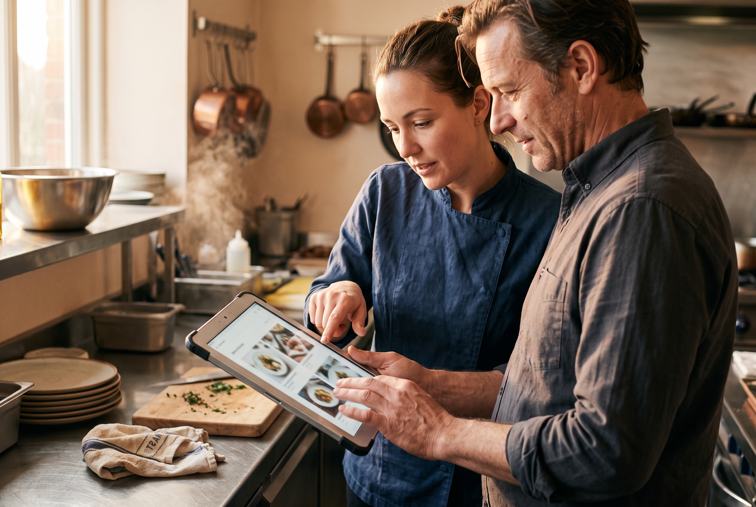 Chef and manager reviewing dish photos and descriptions on a tablet in a restaurant kitchen at golden hour