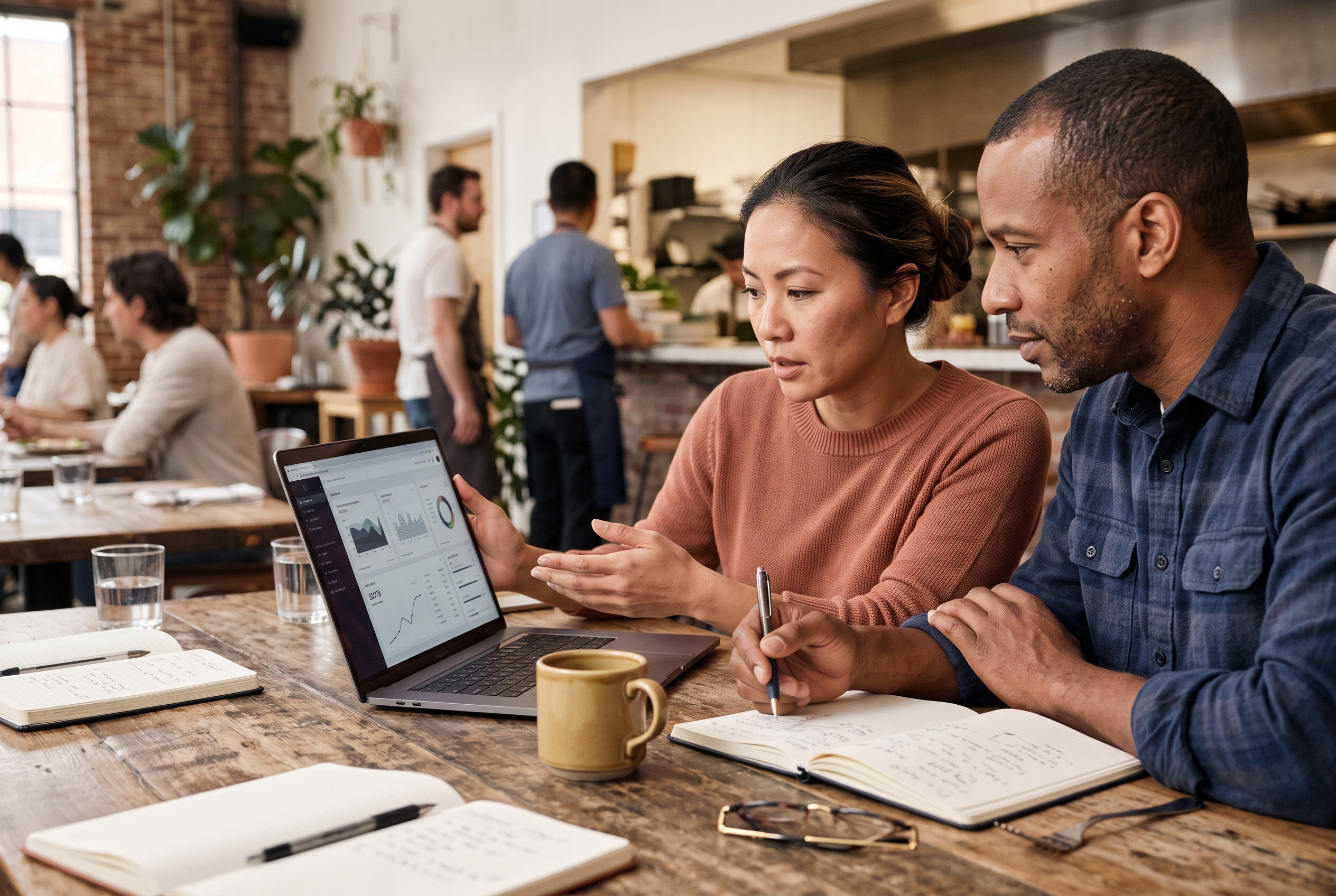 Two restaurant owners comparing platform pricing on a laptop across a wooden table with coffee and notebooks