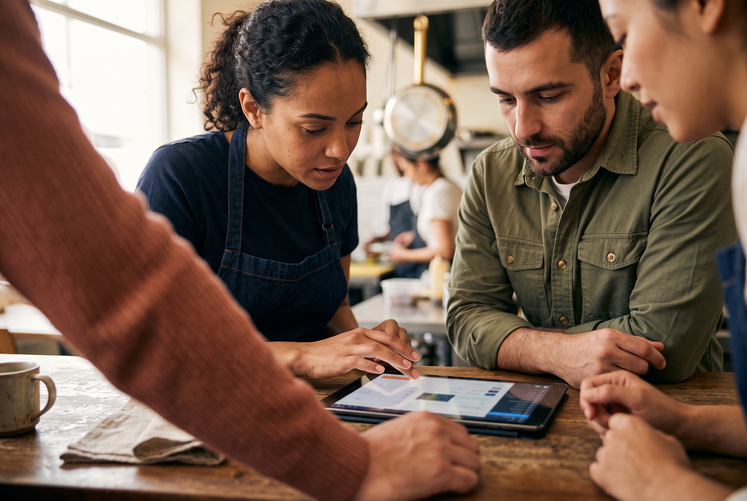Small restaurant team gathered around a counter tablet setting up their online ordering menu together