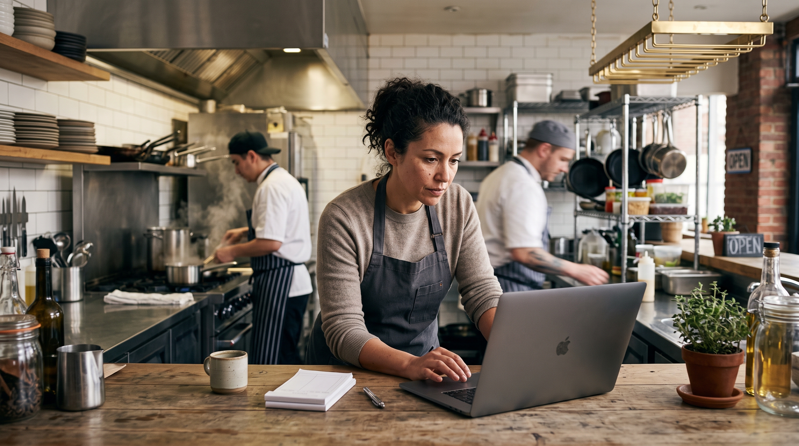 Restaurant owner reviewing incoming online orders on a laptop at the counter of a busy open kitchen