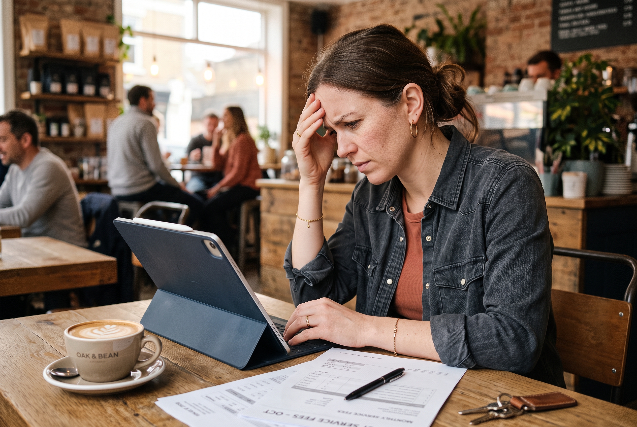 Cafe owner frustrated at a tablet while comparing subscription prices, coffee cup and printed invoices on the table
