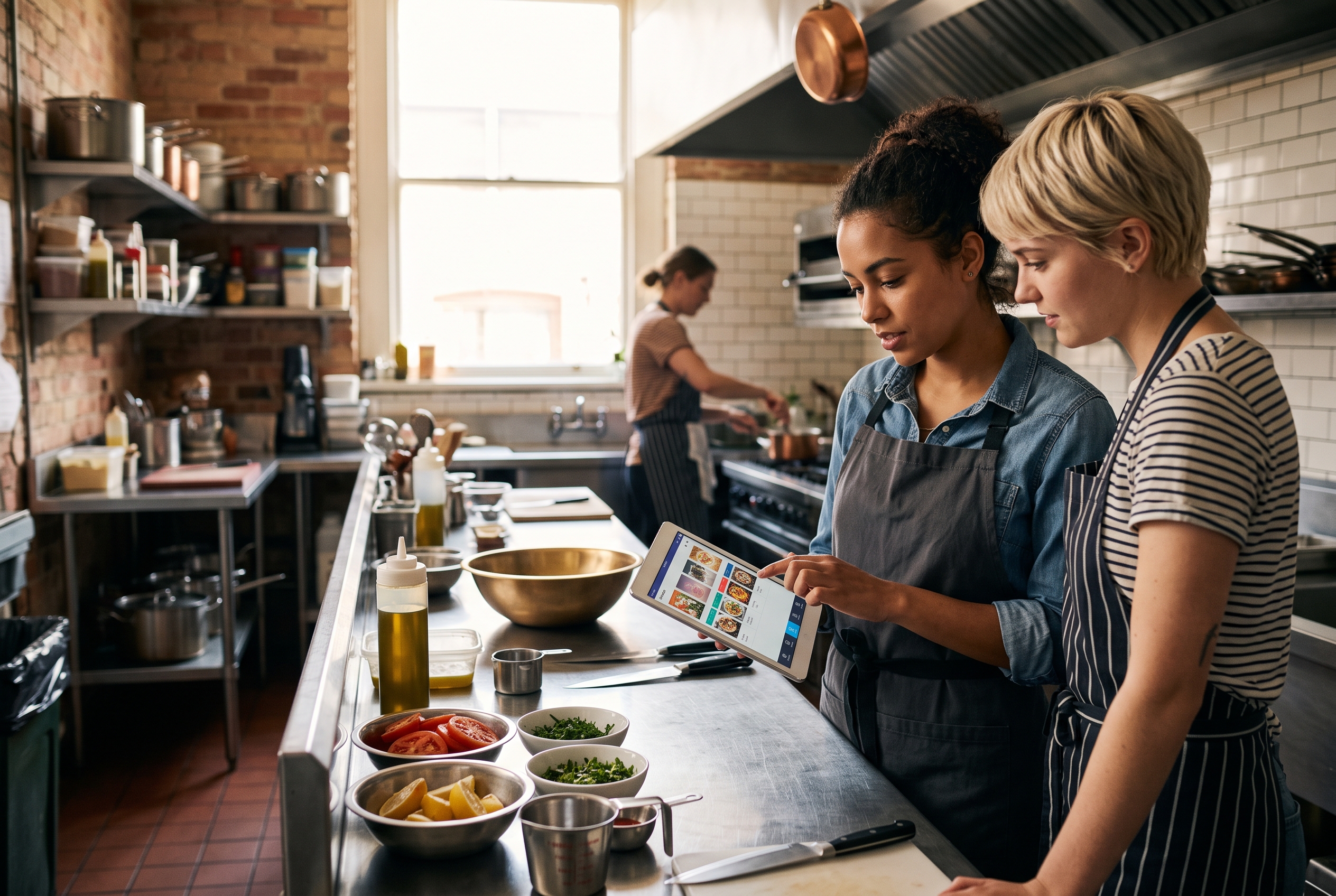Two restaurant staff reviewing a menu ordering website on a tablet while prepping ingredients on a stainless steel counter