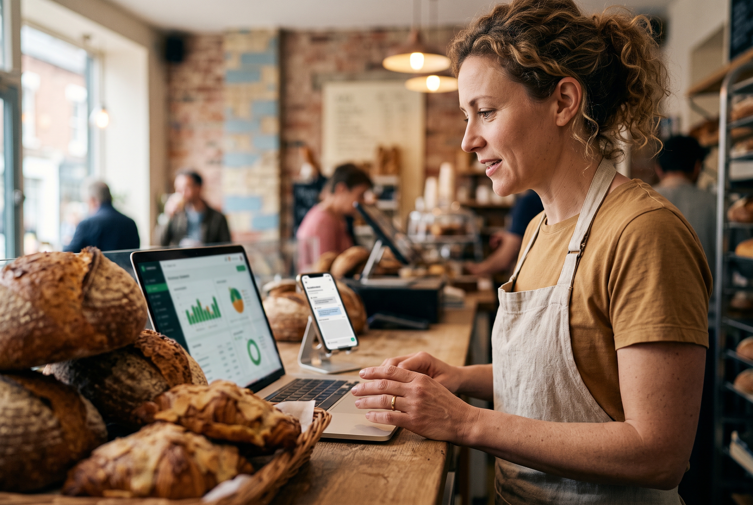Bakery owner speaking to a laptop describing her menu, fresh pastries and a phone displaying a live order on the counter