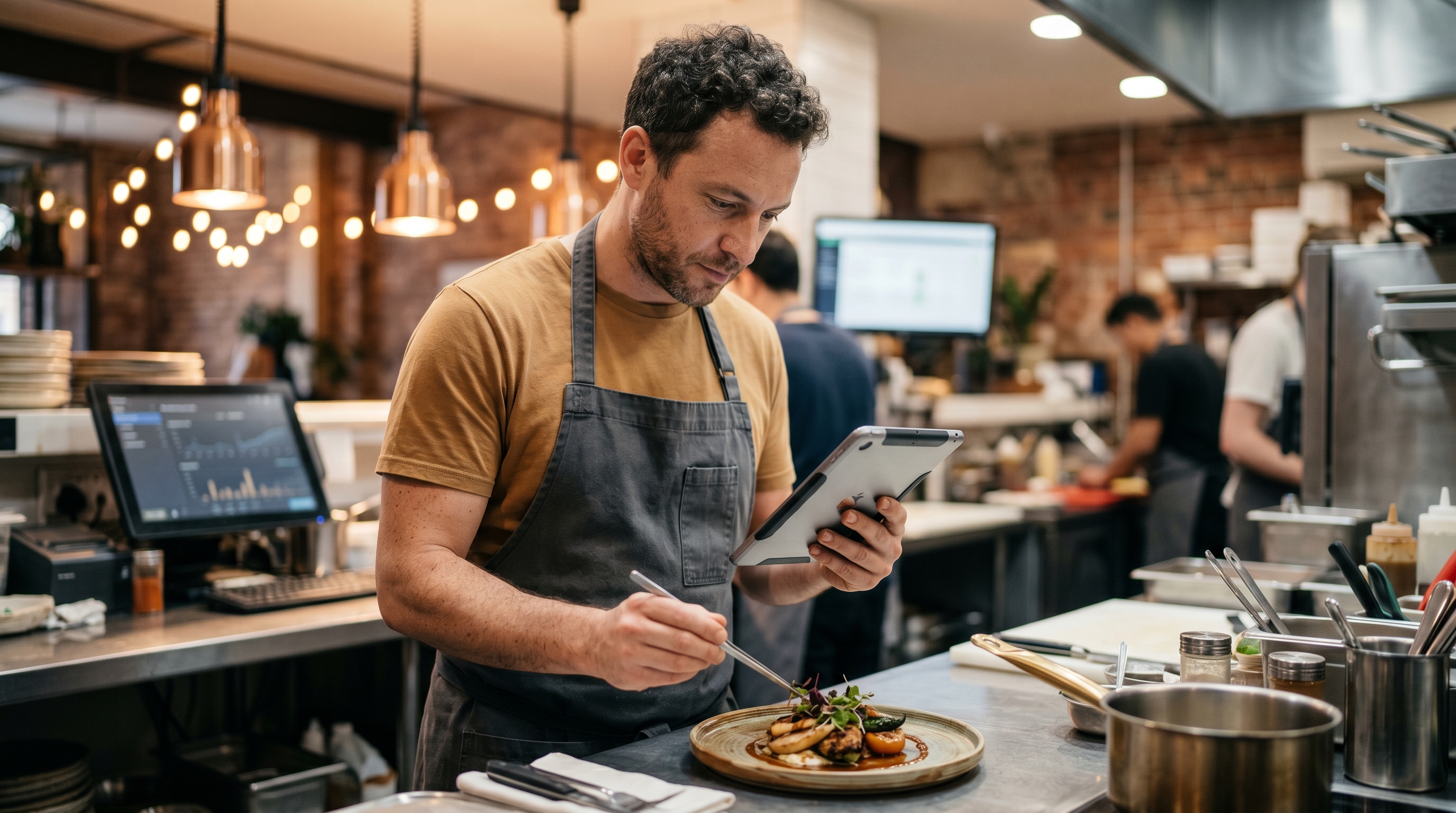 Restaurant owner taking online orders on a tablet while plating a dish in a warmly lit open kitchen