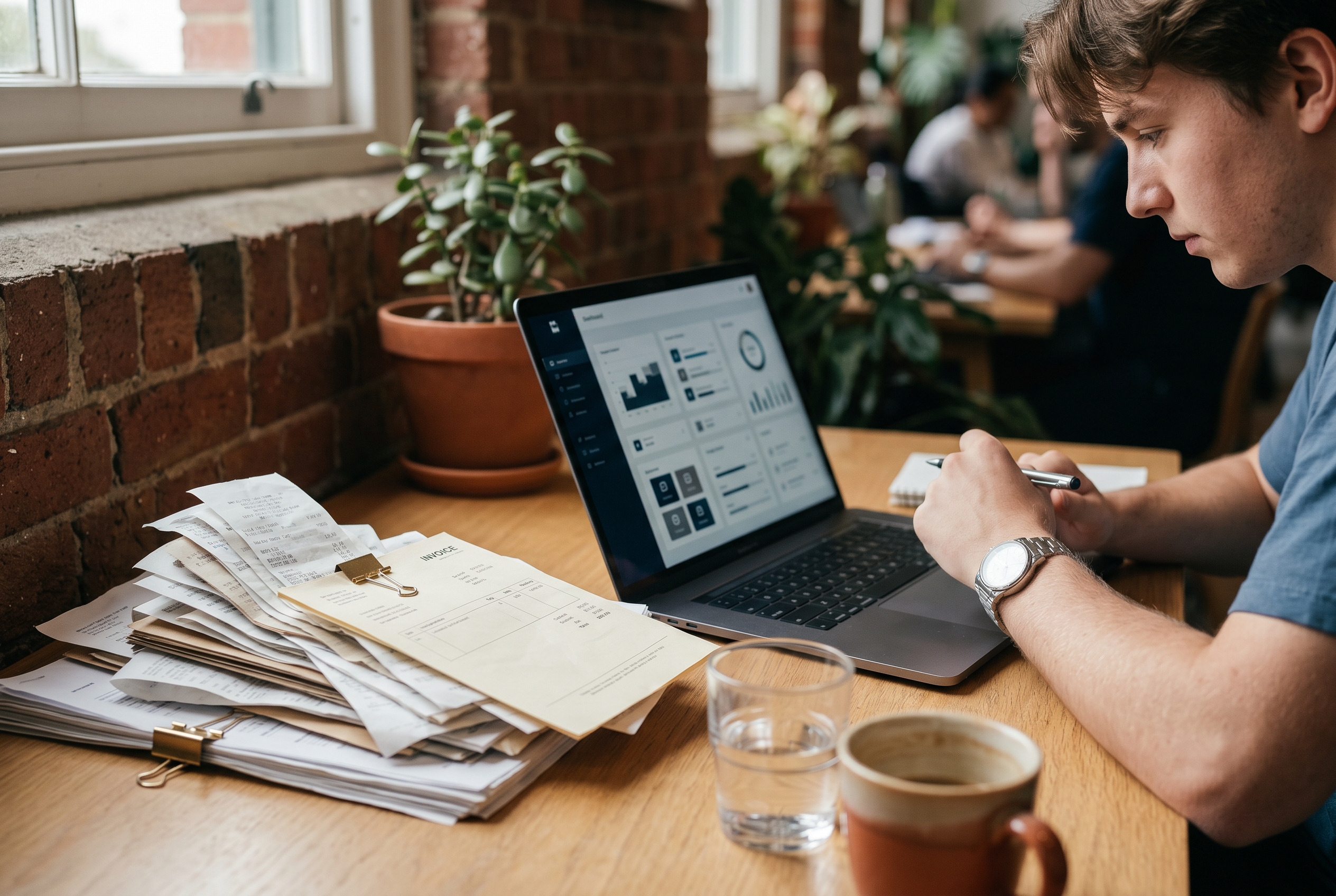 Stack of receipts and subscription invoices piling up next to a laptop showing a restaurant ordering dashboard