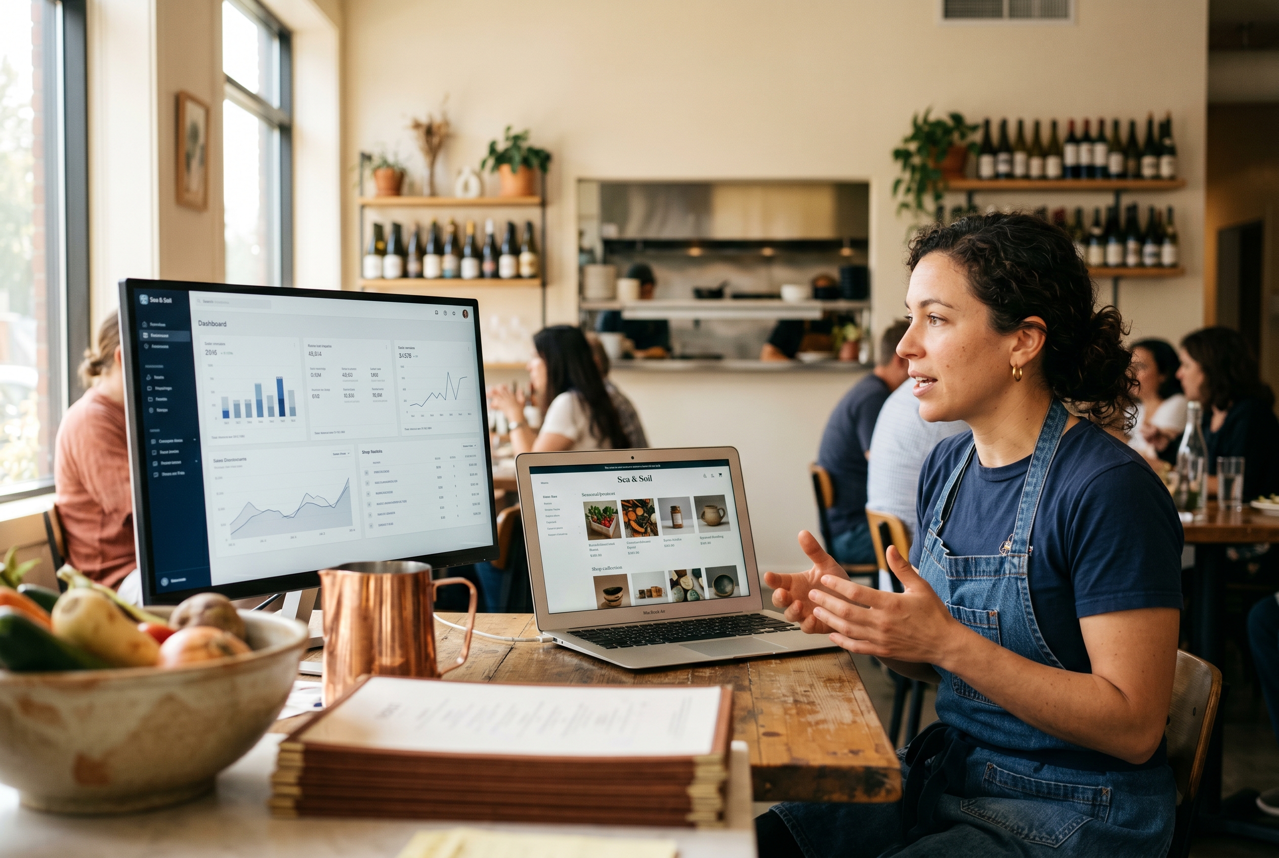 Chef describing their restaurant concept into a laptop while a complete online store appears on the screen beside them