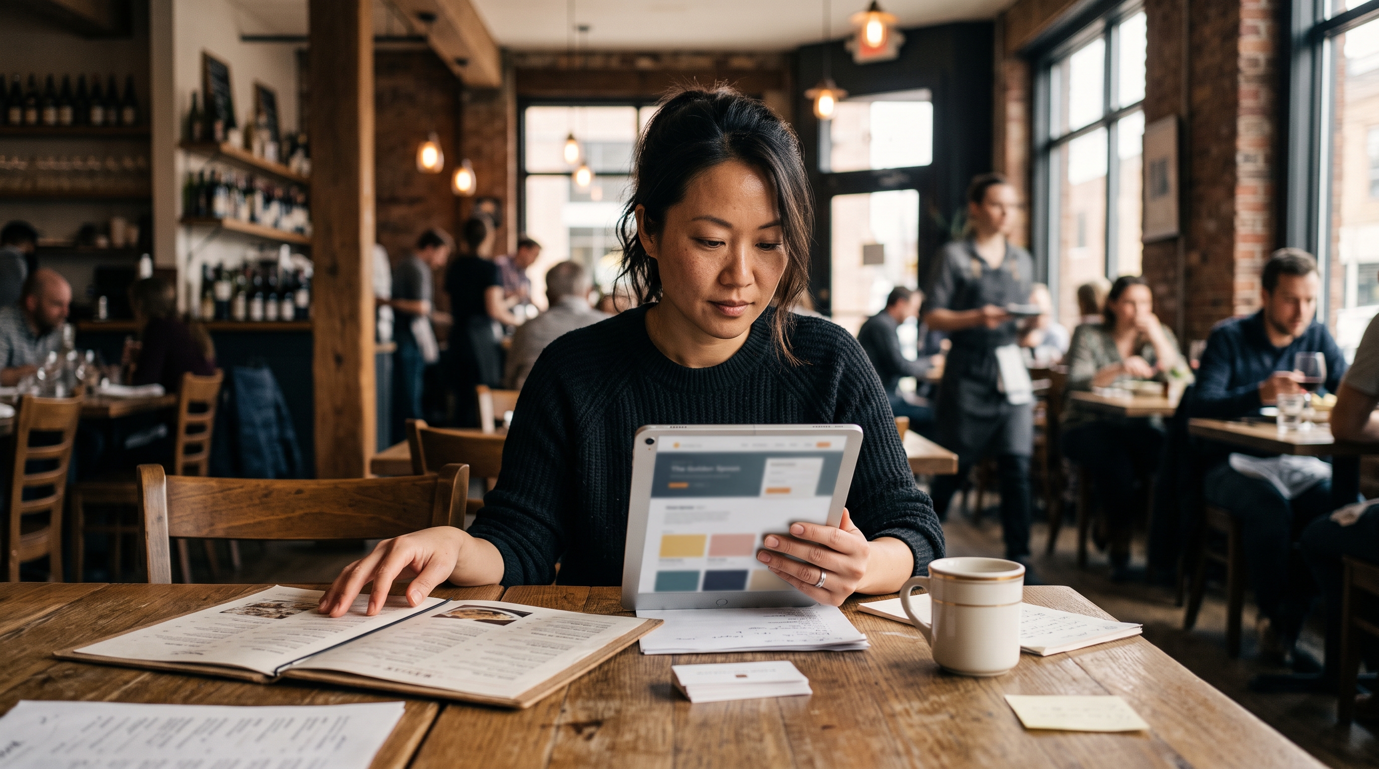 Restaurant owner reviewing a website mockup on a tablet at a wooden dining table with menus spread out beside her