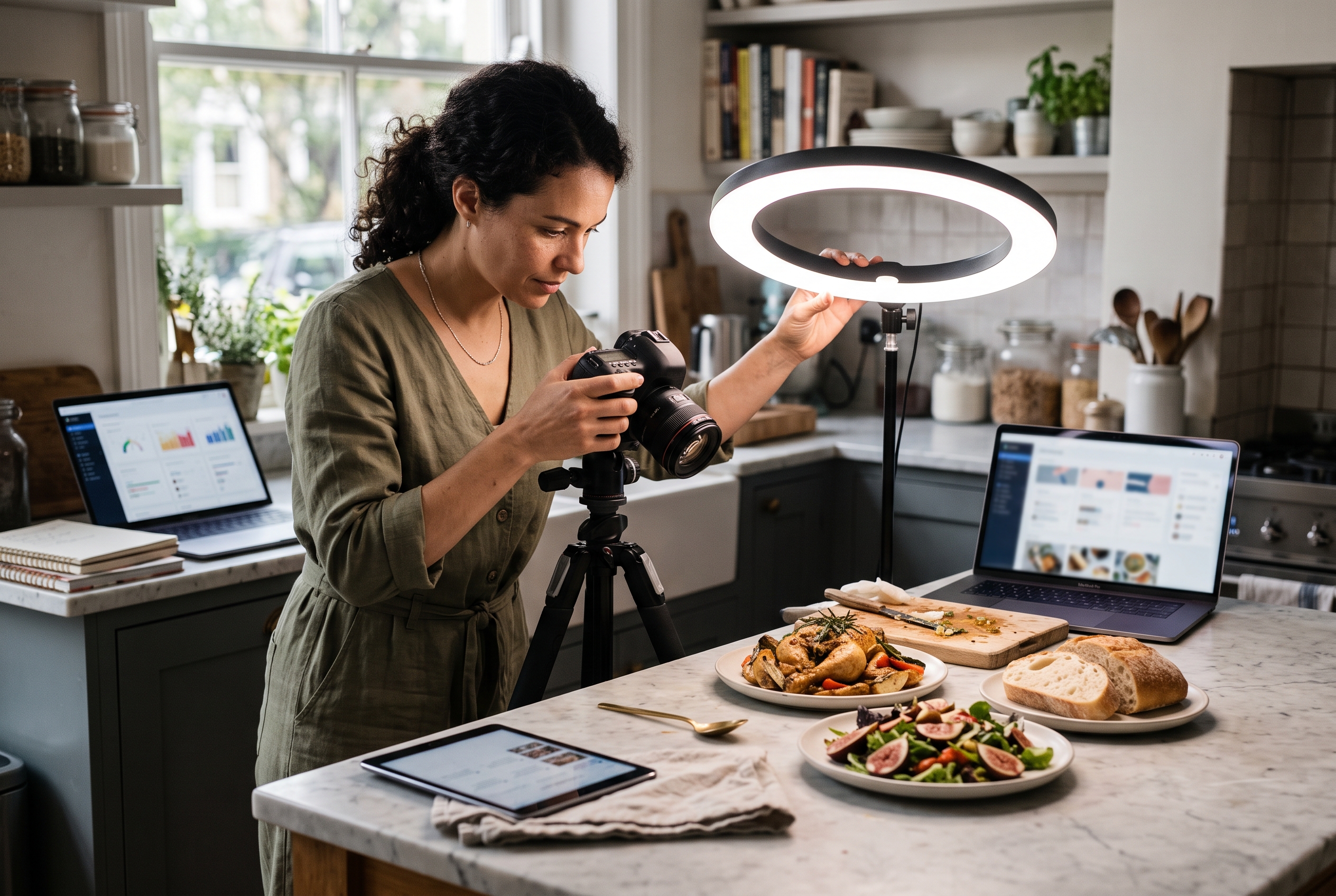 Small business owner photographing plated dishes on a marble counter with a ring light for the website menu