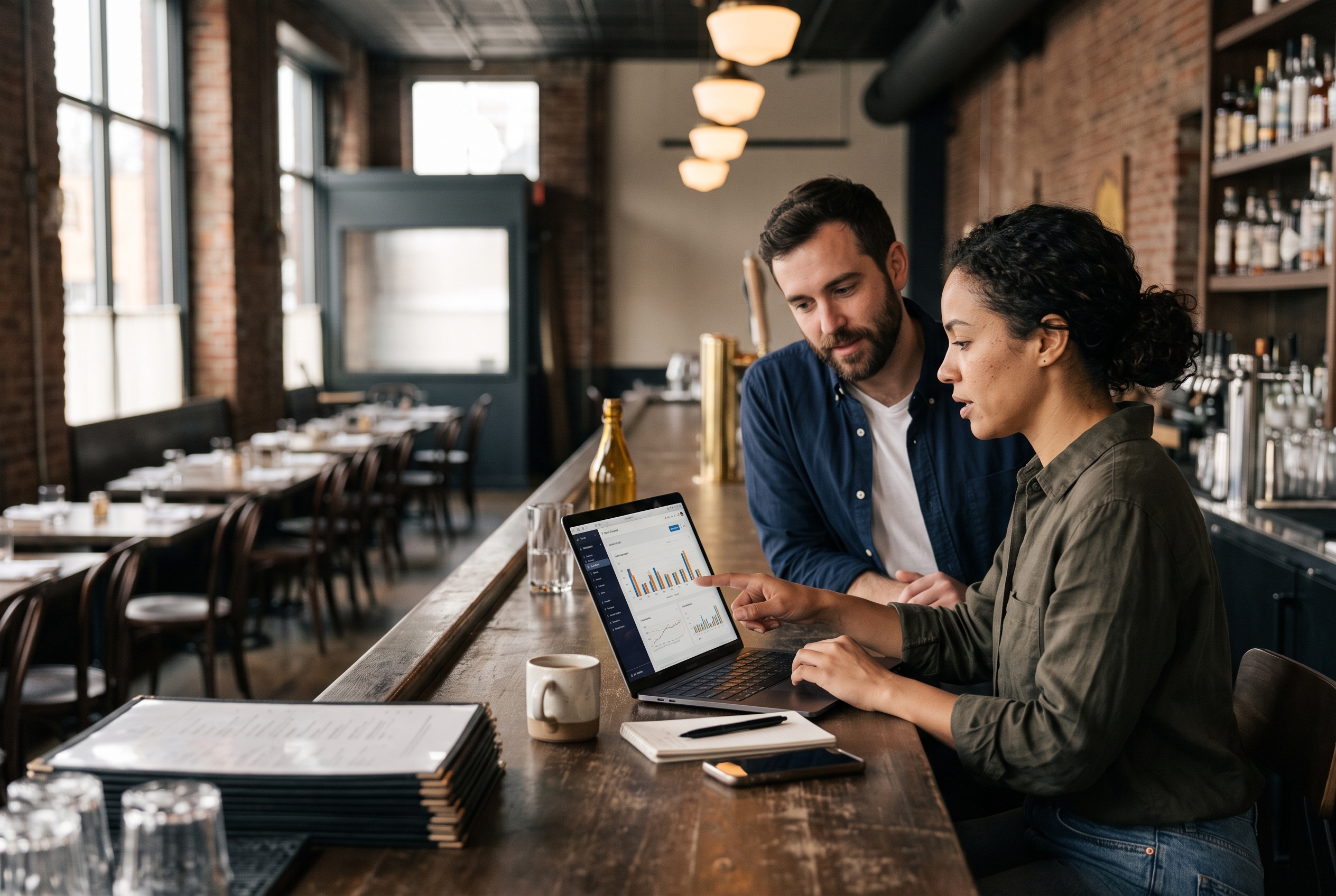 Two restaurant managers comparing platform prices on a laptop at the bar counter before opening hours