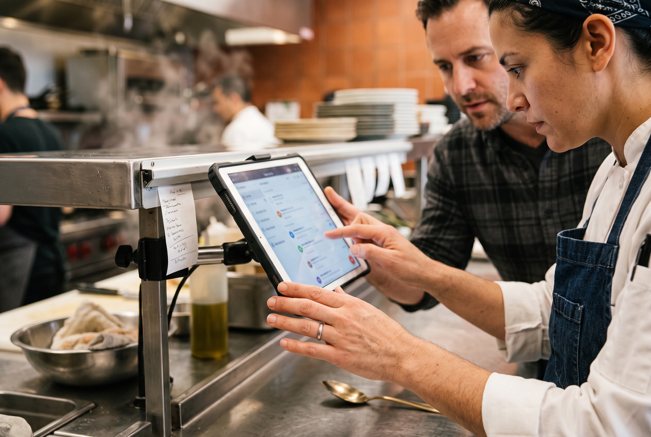 Chef and owner reviewing incoming online orders on a tablet mounted near the kitchen pass during a lunch shift