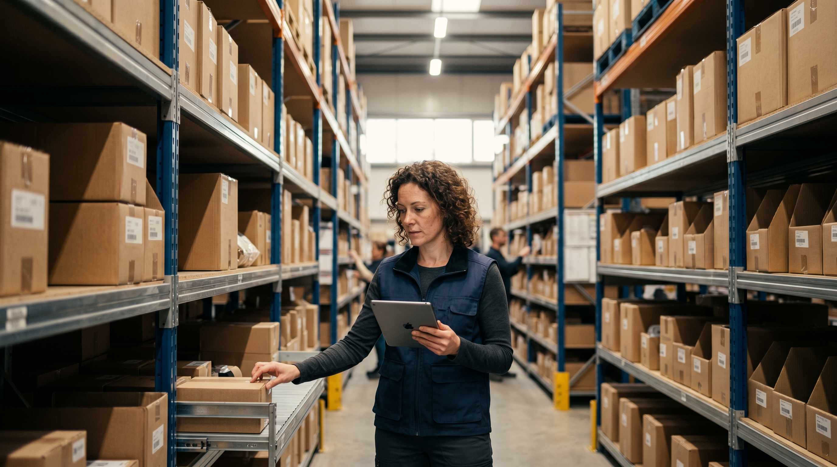 Small business owner counting stock on shelves in a warehouse while checking a tablet under bright overhead lights