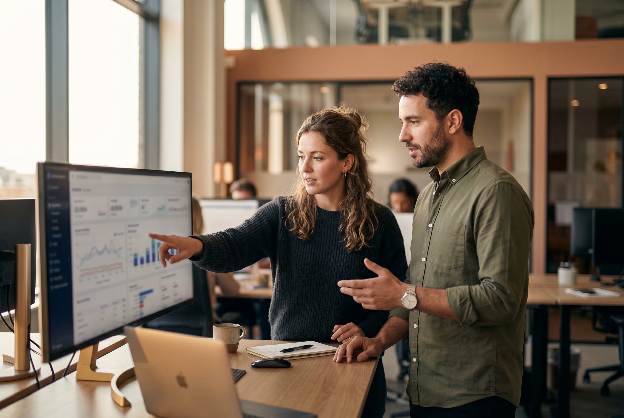 Two coworkers comparing inventory dashboards on a wide monitor in a modern office during golden hour