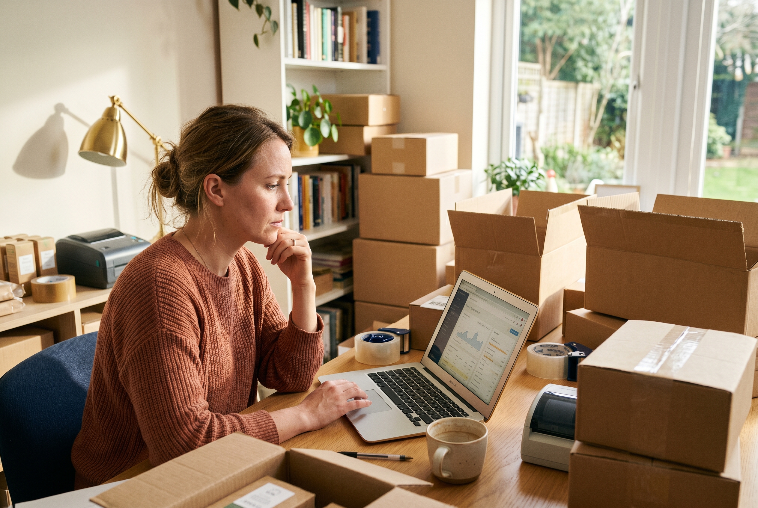 Founder reviewing low stock alerts on a laptop in a sunlit home office surrounded by packed shipping boxes