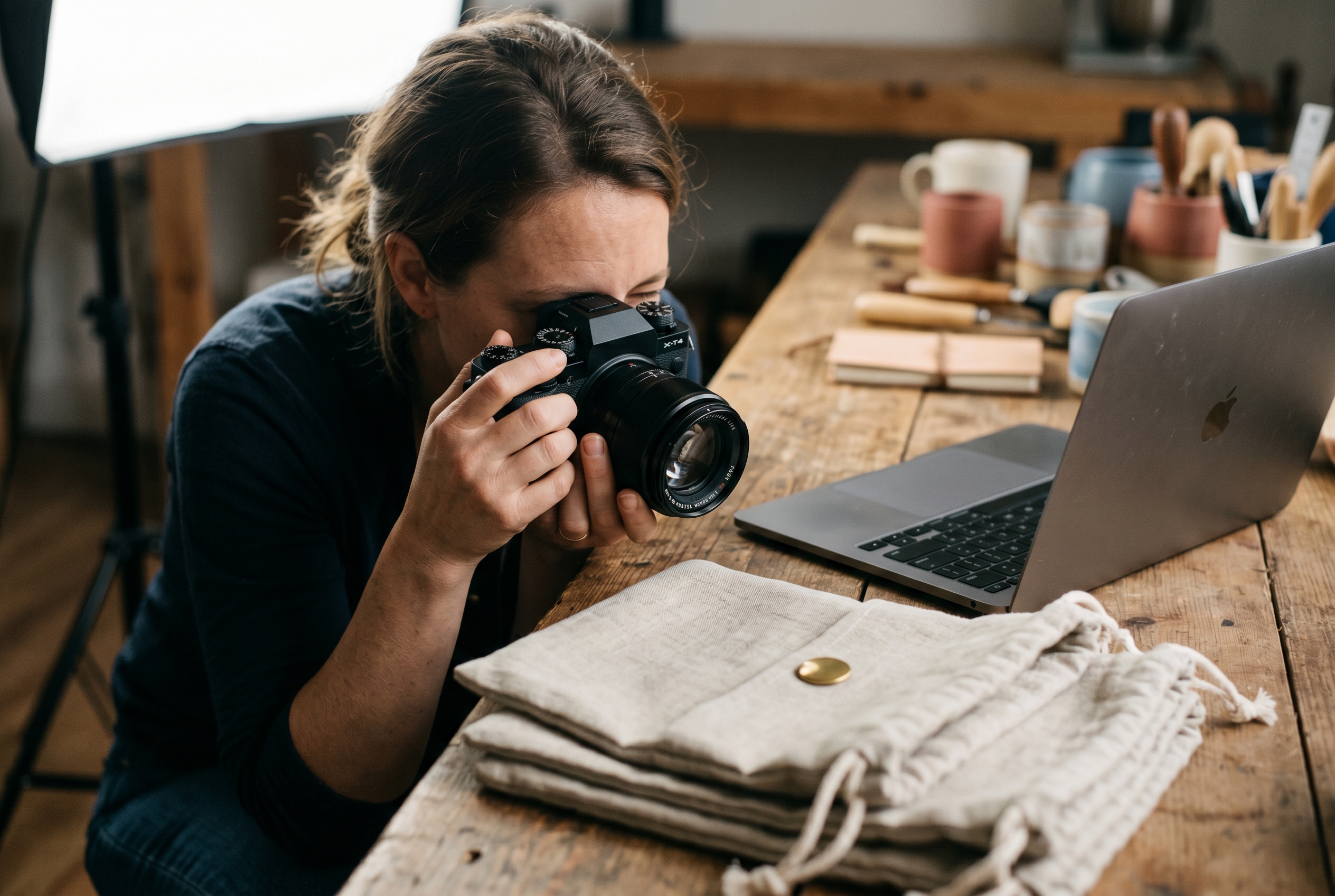 Retail owner photographing handmade products on a wooden table with a softbox light and laptop open beside them