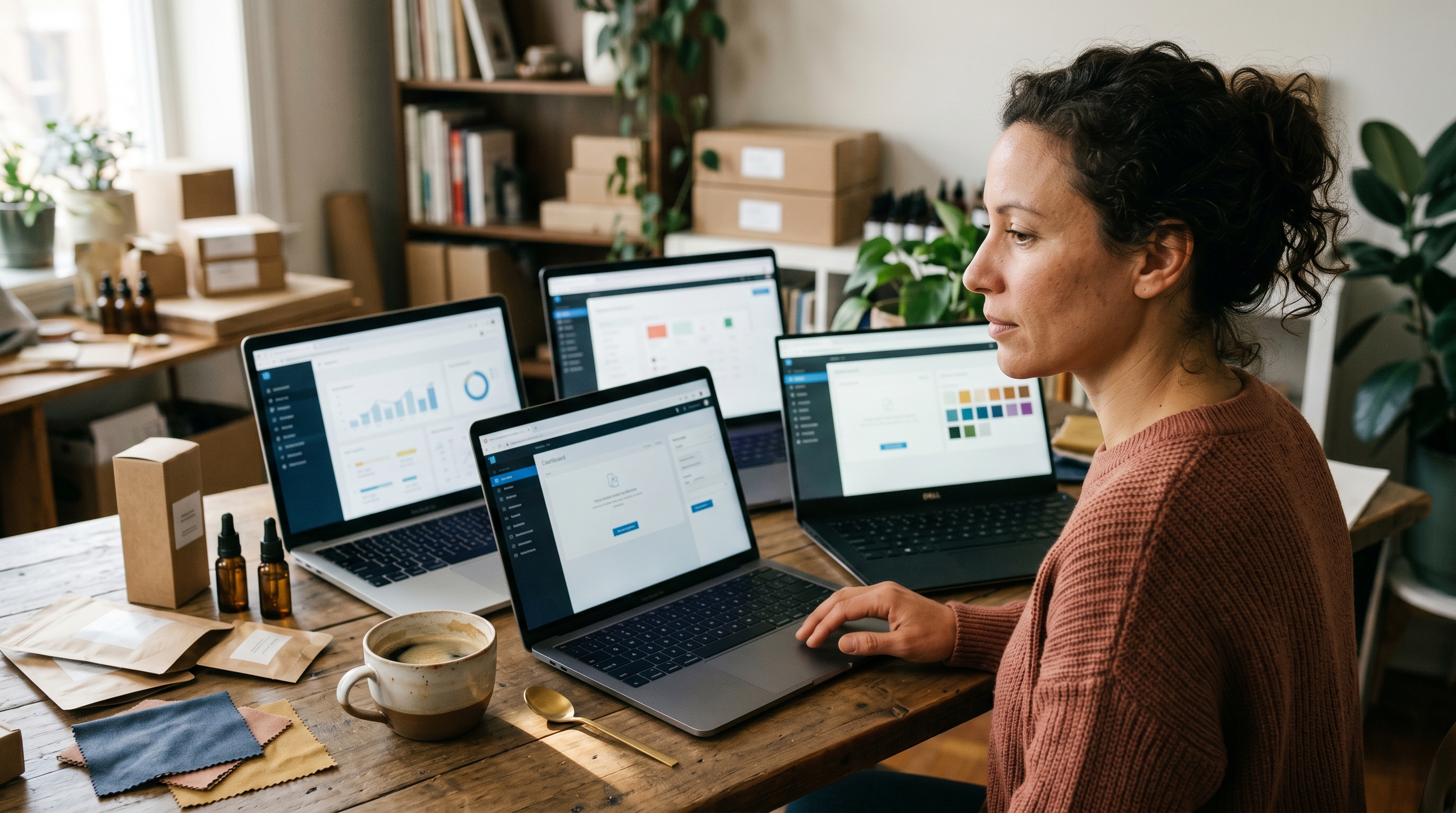 Small retail owner comparing four website builder dashboards on a desk with coffee and packaging samples