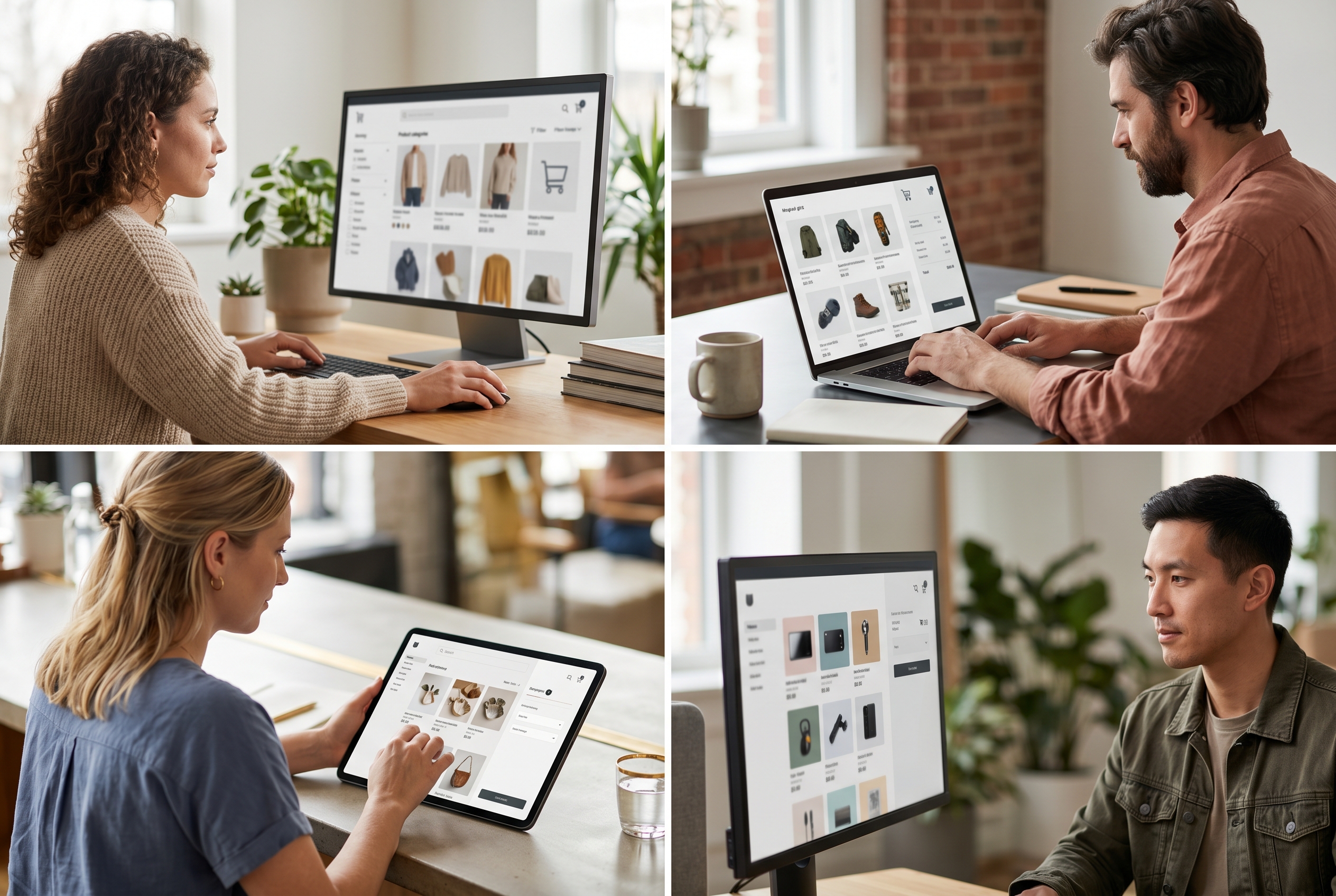 Split screen showing four different ecommerce platform interfaces with shopping carts and product grids