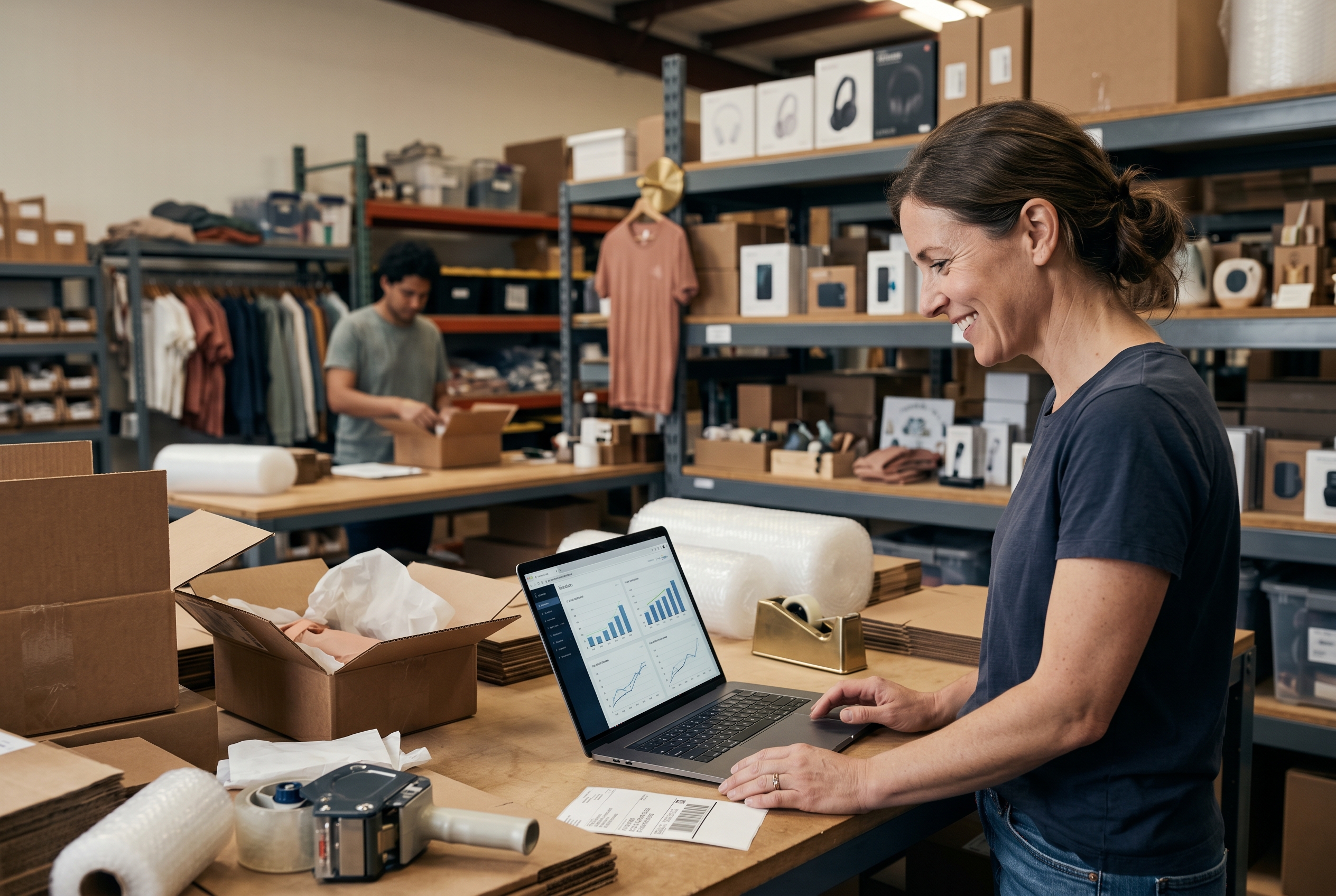 Retail owner watching website performance graphs climb upward on a laptop while packing orders in the background
