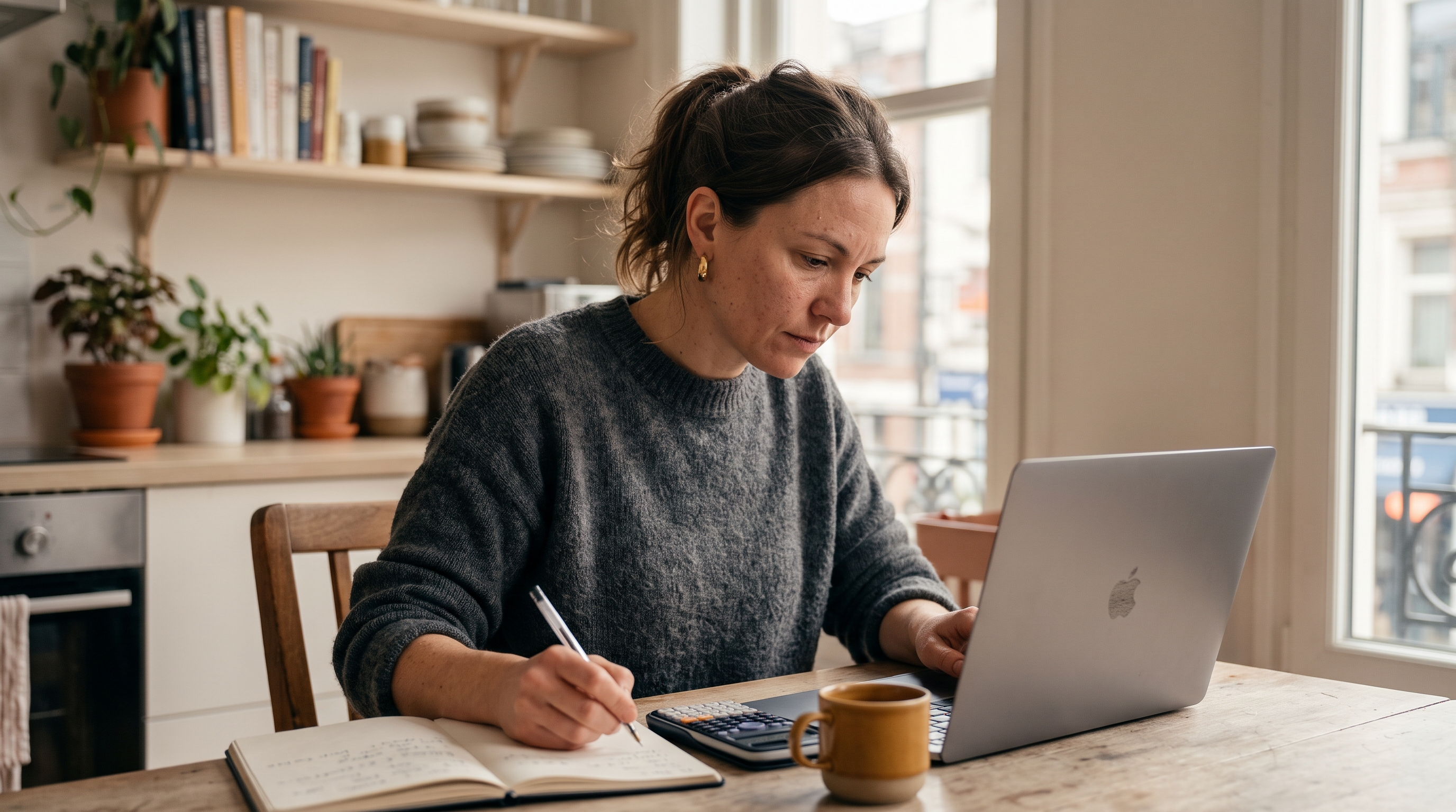 Online store owner at a kitchen table with a laptop, calculator and notebook working out monthly income goals