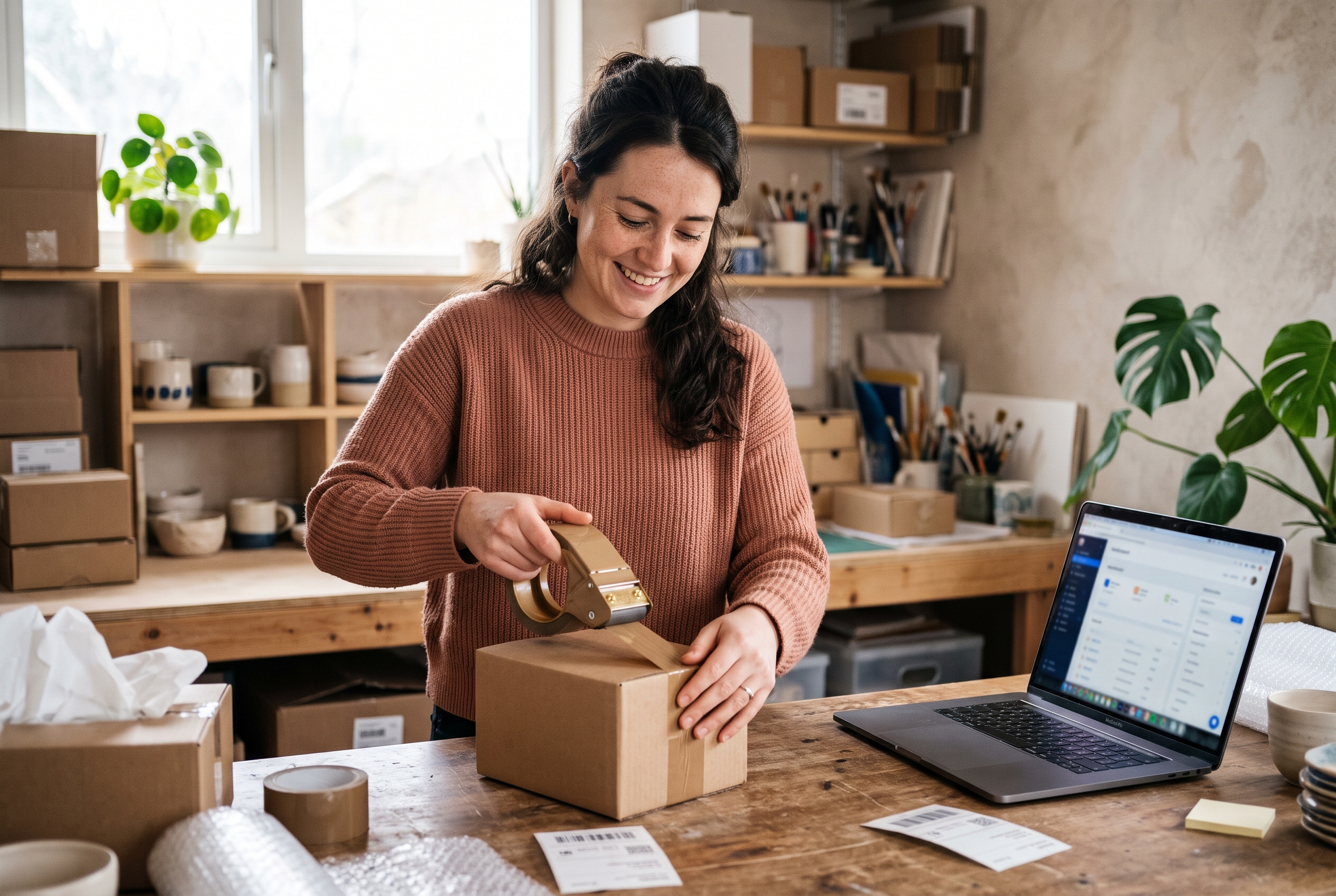 Woman packing orders at a workbench in a small home studio with shipping boxes and a laptop open beside her