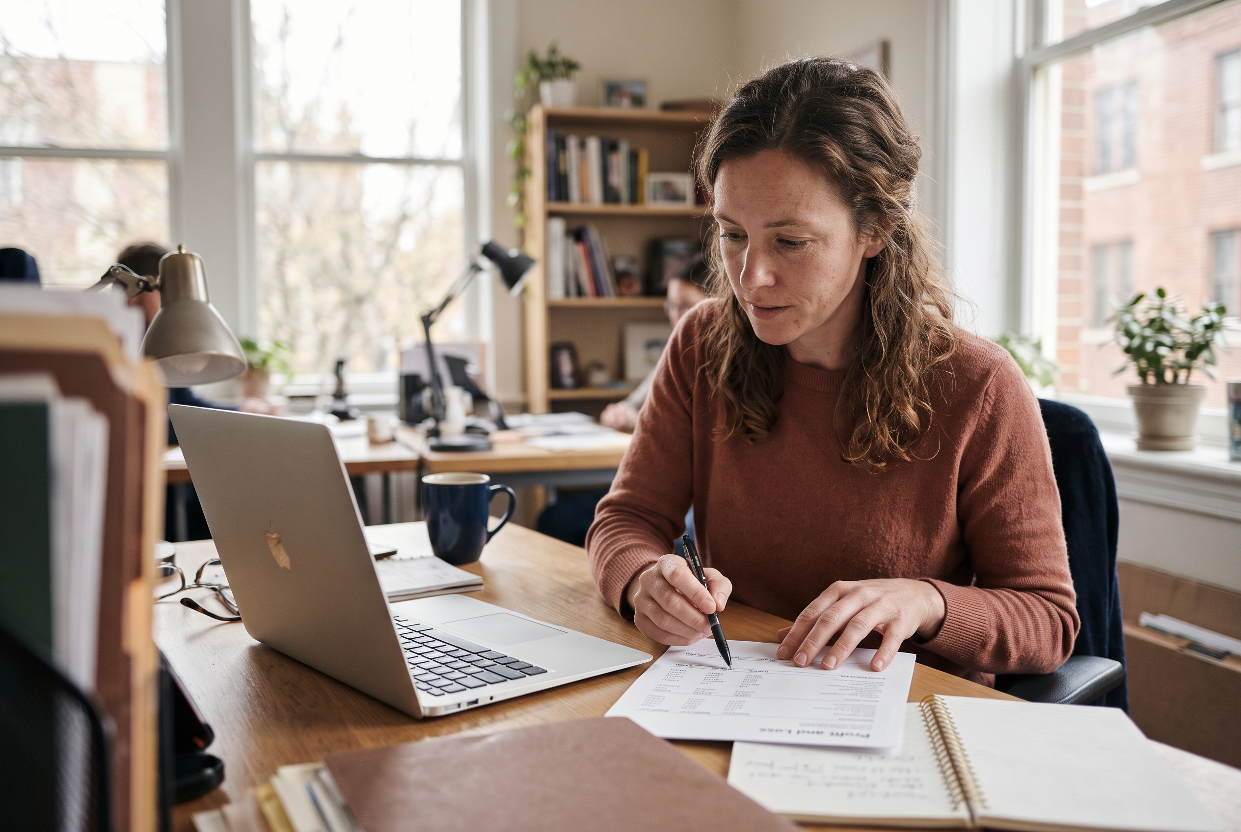 Small business owner reviewing a printed profit and loss statement with a pen at a desk beside a laptop