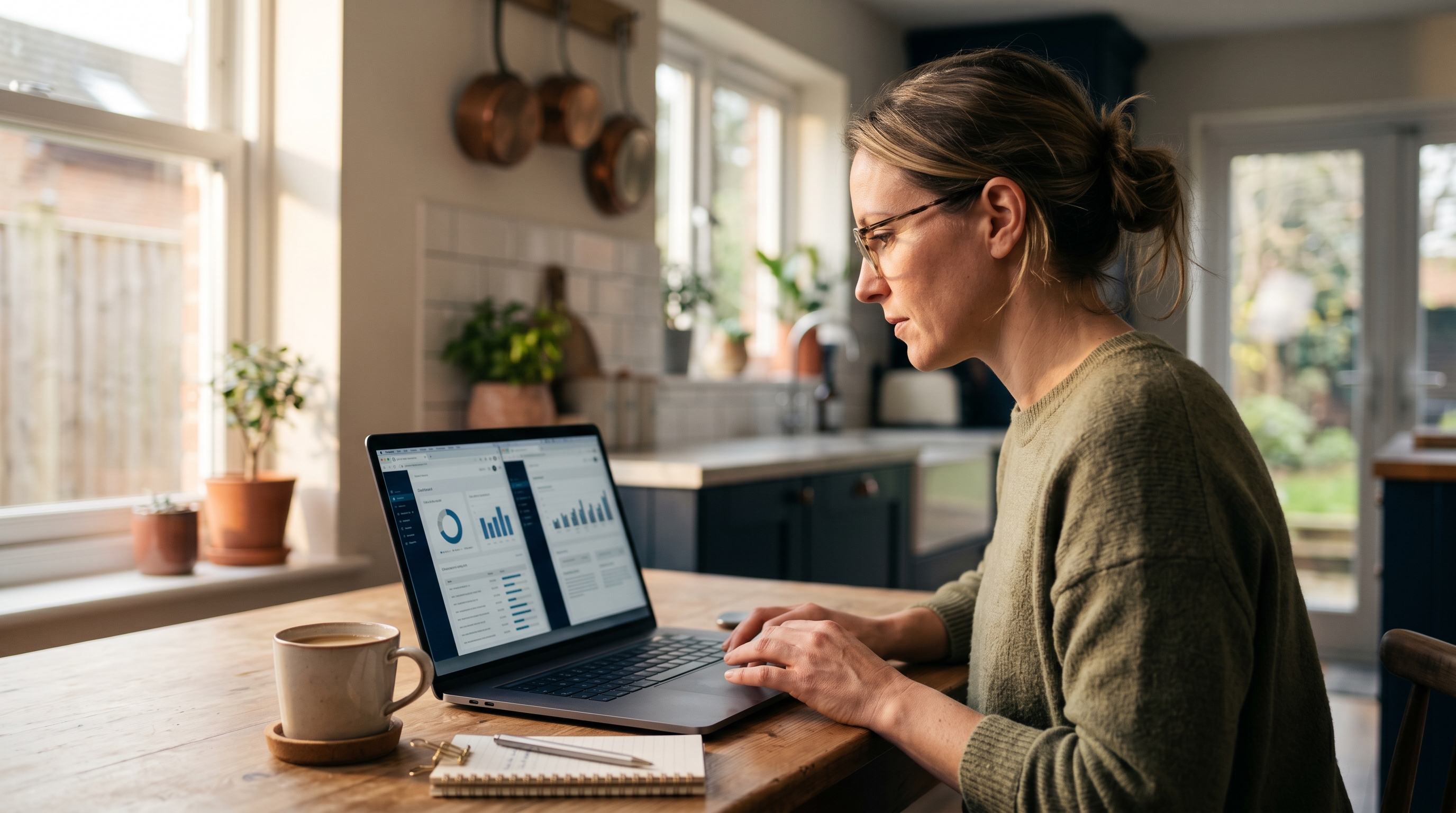 Small business owner comparing two store dashboards on a laptop at a kitchen table with morning coffee