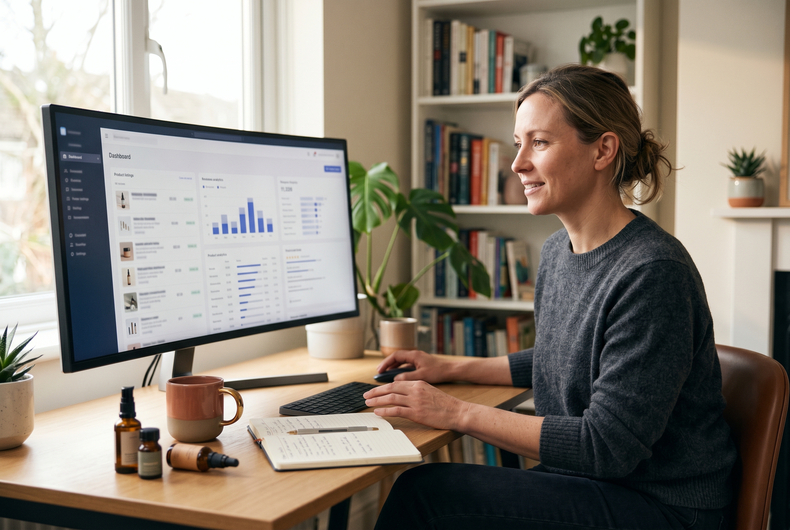 Online store owner reviewing product listings and customer reviews on a wide monitor in a tidy home office