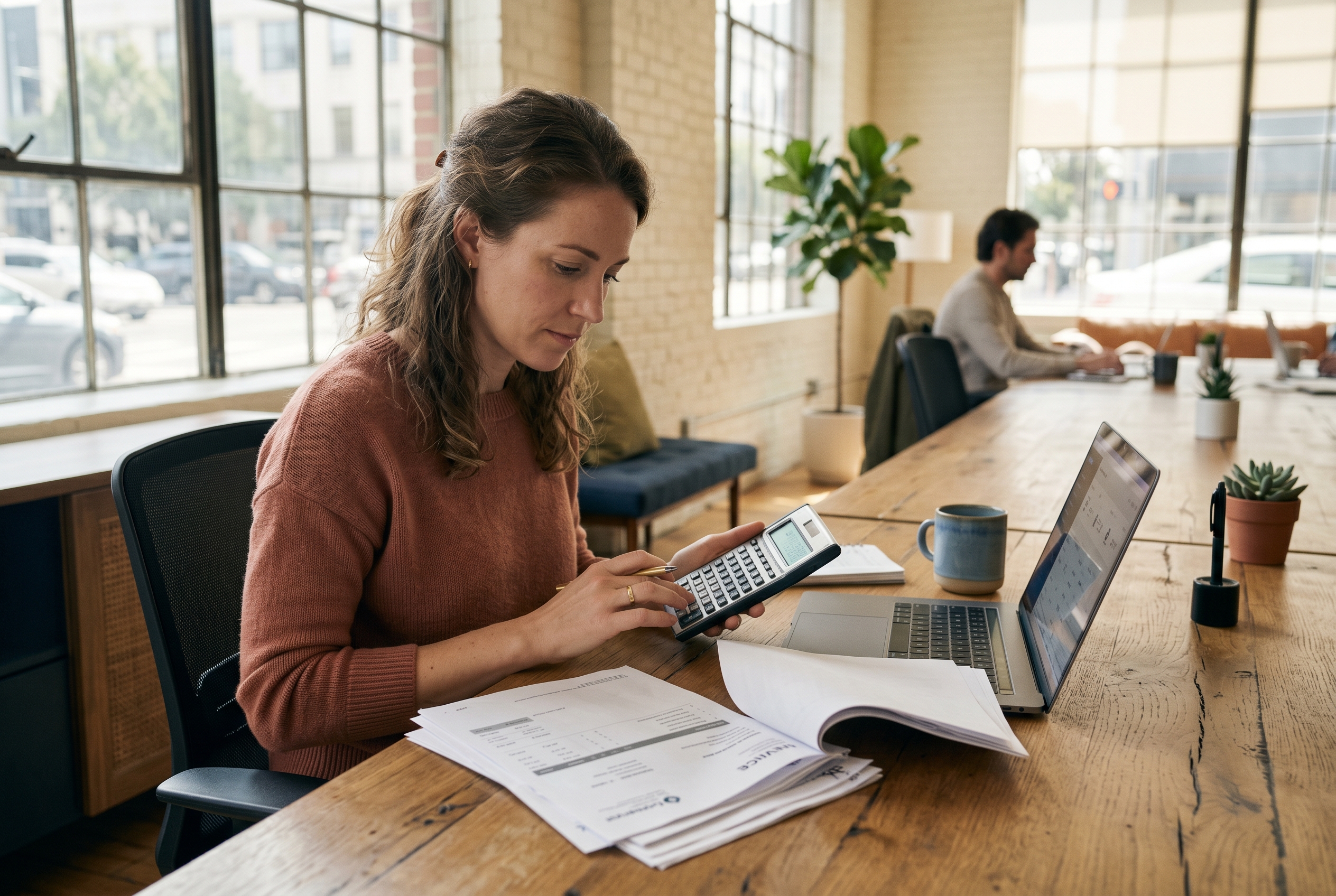 Founder reviewing monthly subscription invoices and a calculator on a desk in a sunlit coworking space