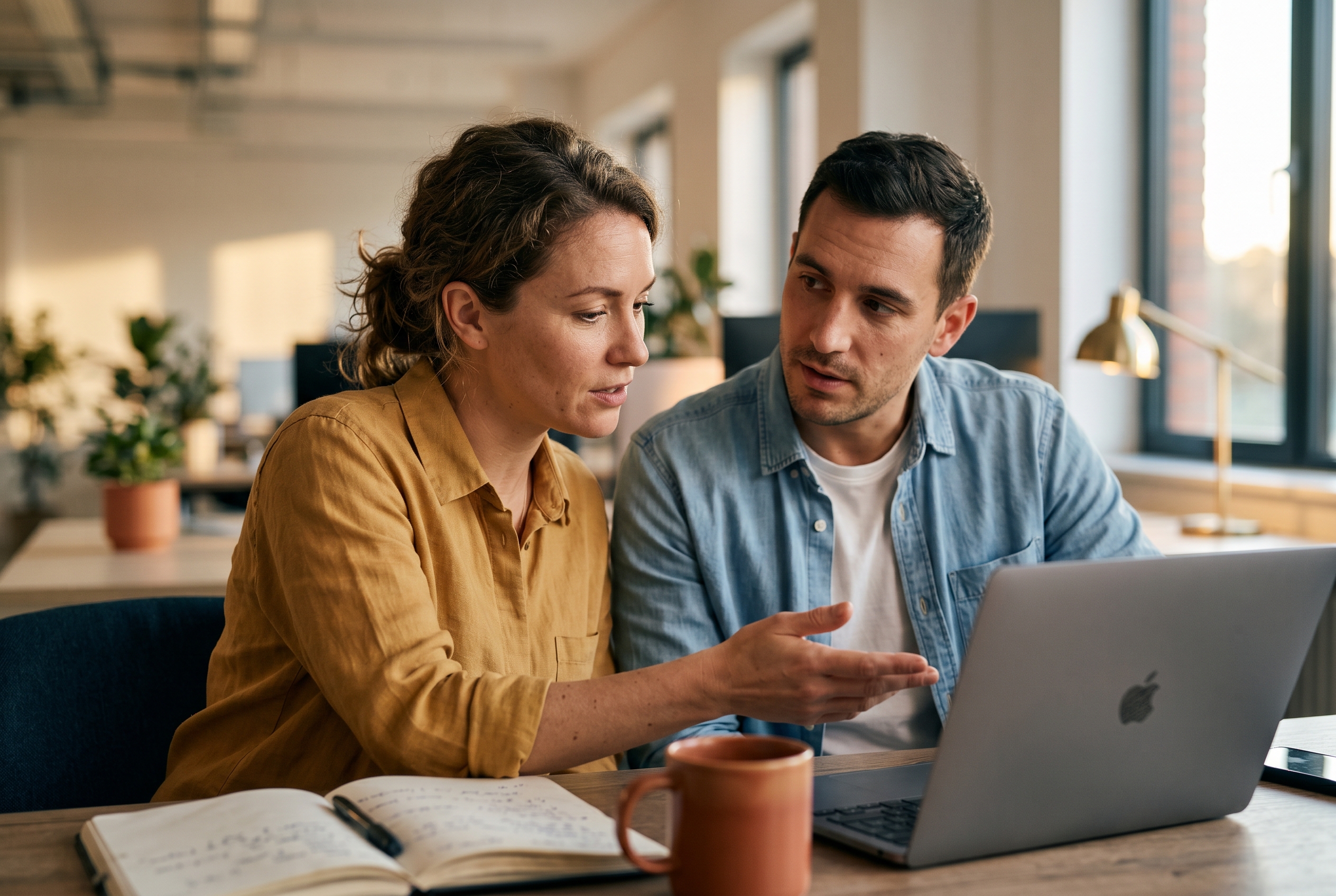 Two coworkers discussing store strategy over a laptop and notebook in a bright modern workspace at golden hour
