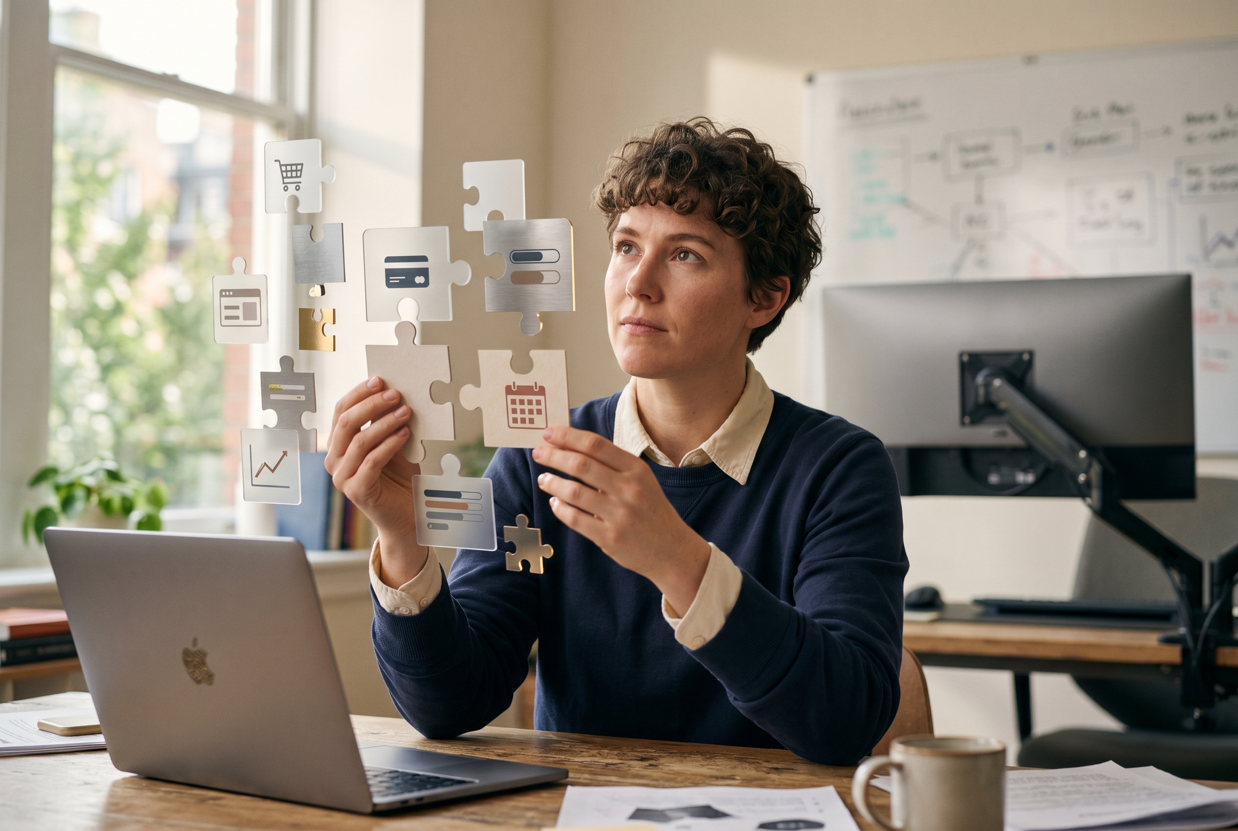 Entrepreneur surrounded by floating puzzle pieces of checkout forms, payment icons, and admin dashboards trying to fit them together