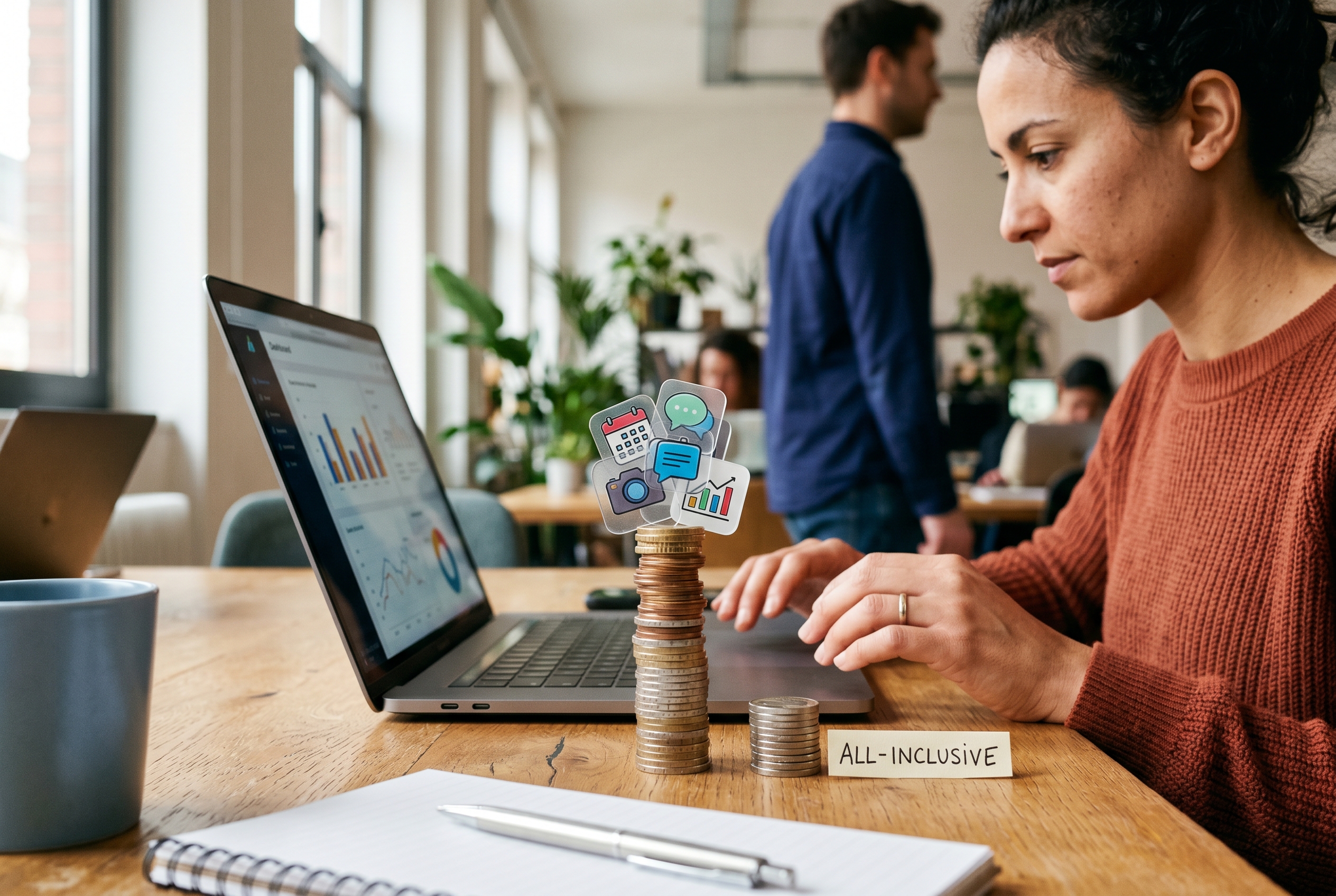 Two stacks of coins side by side, one tall and topped with multiple app icons, the other short and clean labeled all-inclusive