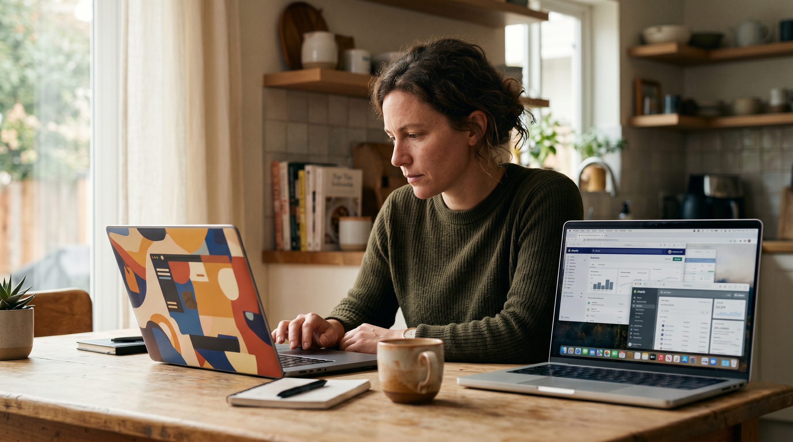 Founder at a kitchen table comparing two laptops, one showing a colorful AI-generated storefront and the other a Shopify dashboard with multiple app windows open