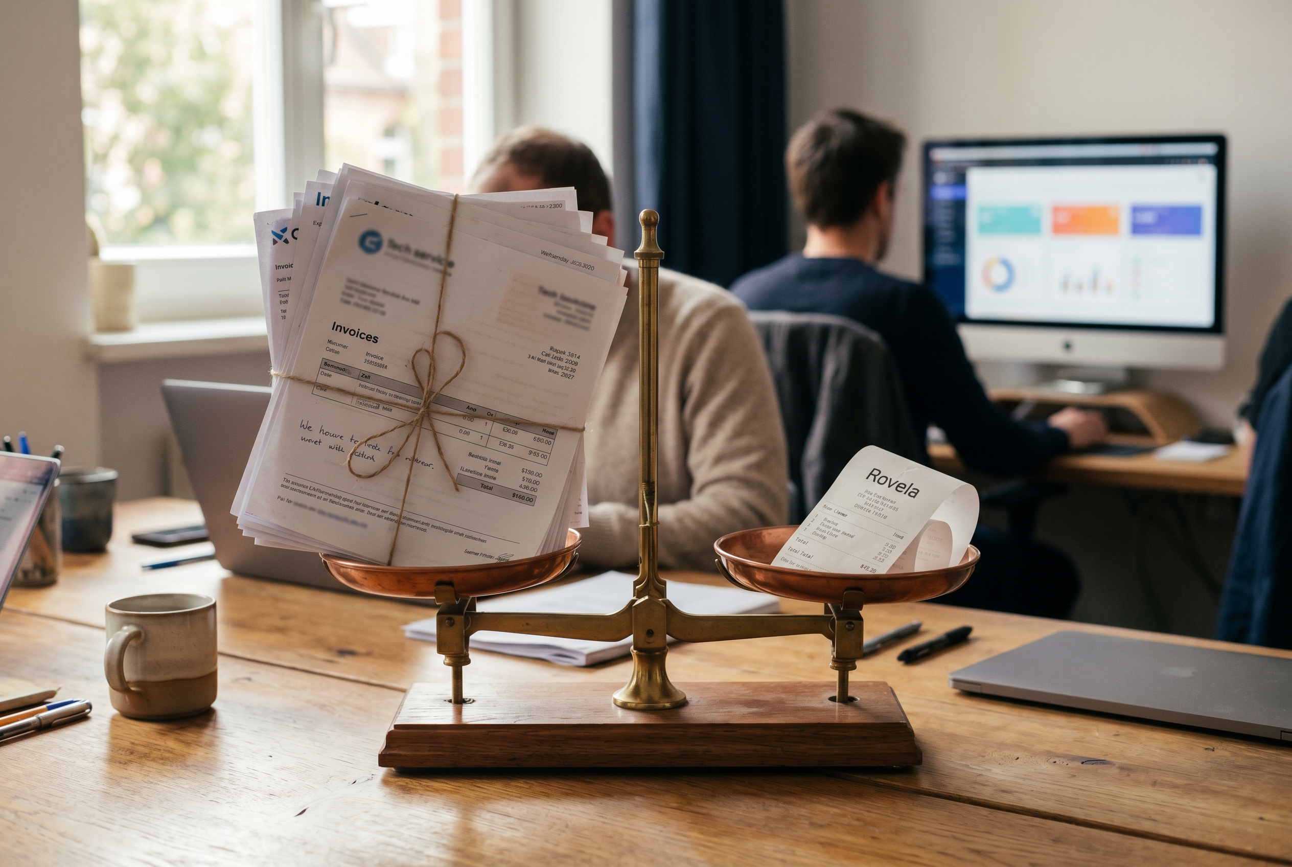 Stack of monthly invoices for Shopify apps and agency fees on one side of a scale, a single Rovela receipt balancing them on the other