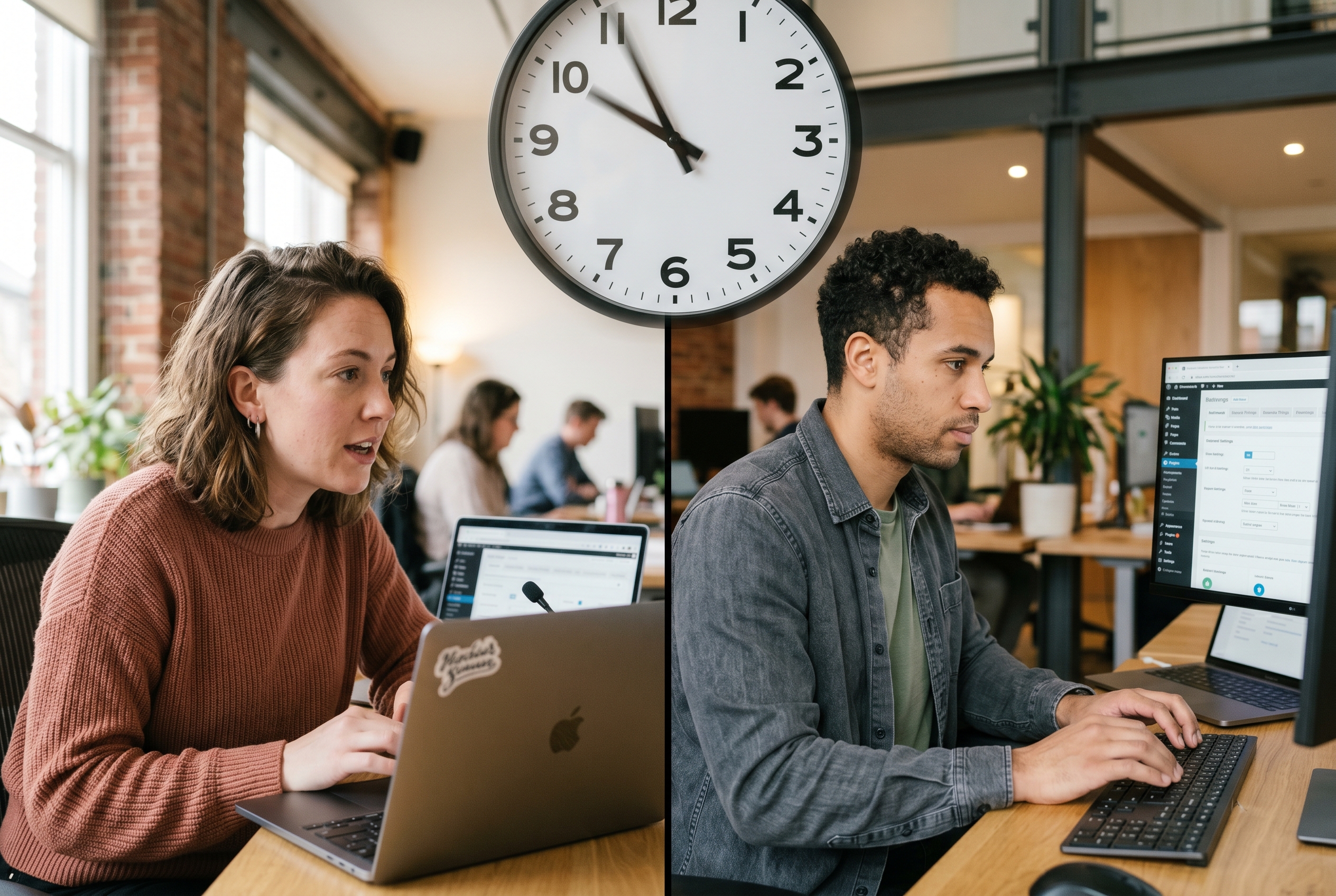 Split-screen illustration of a clock racing past as one founder describes their business to an AI while another founder configures dozens of Shopify app settings