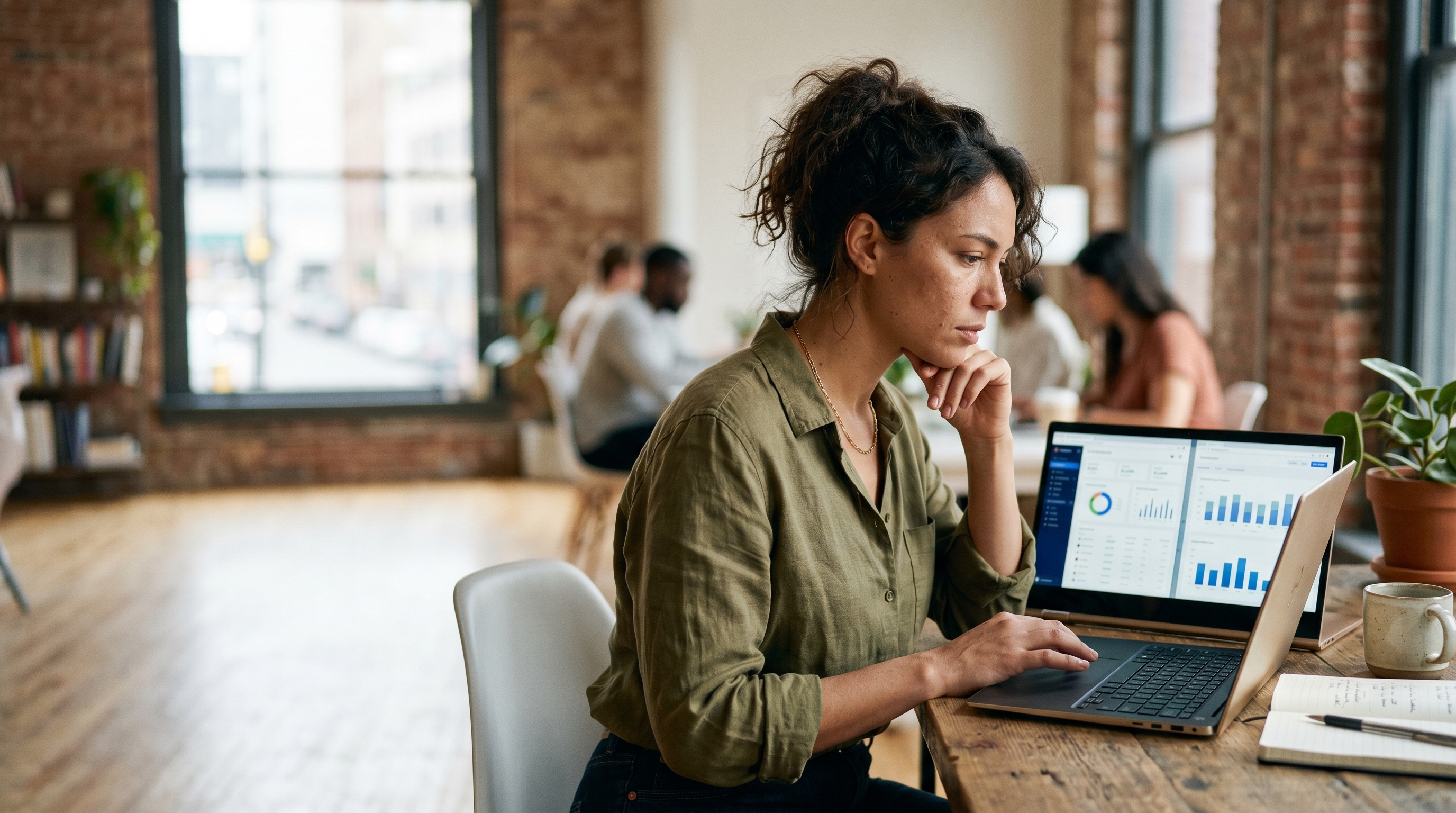 Entrepreneur sitting at a desk comparing two online store dashboards on a laptop screen