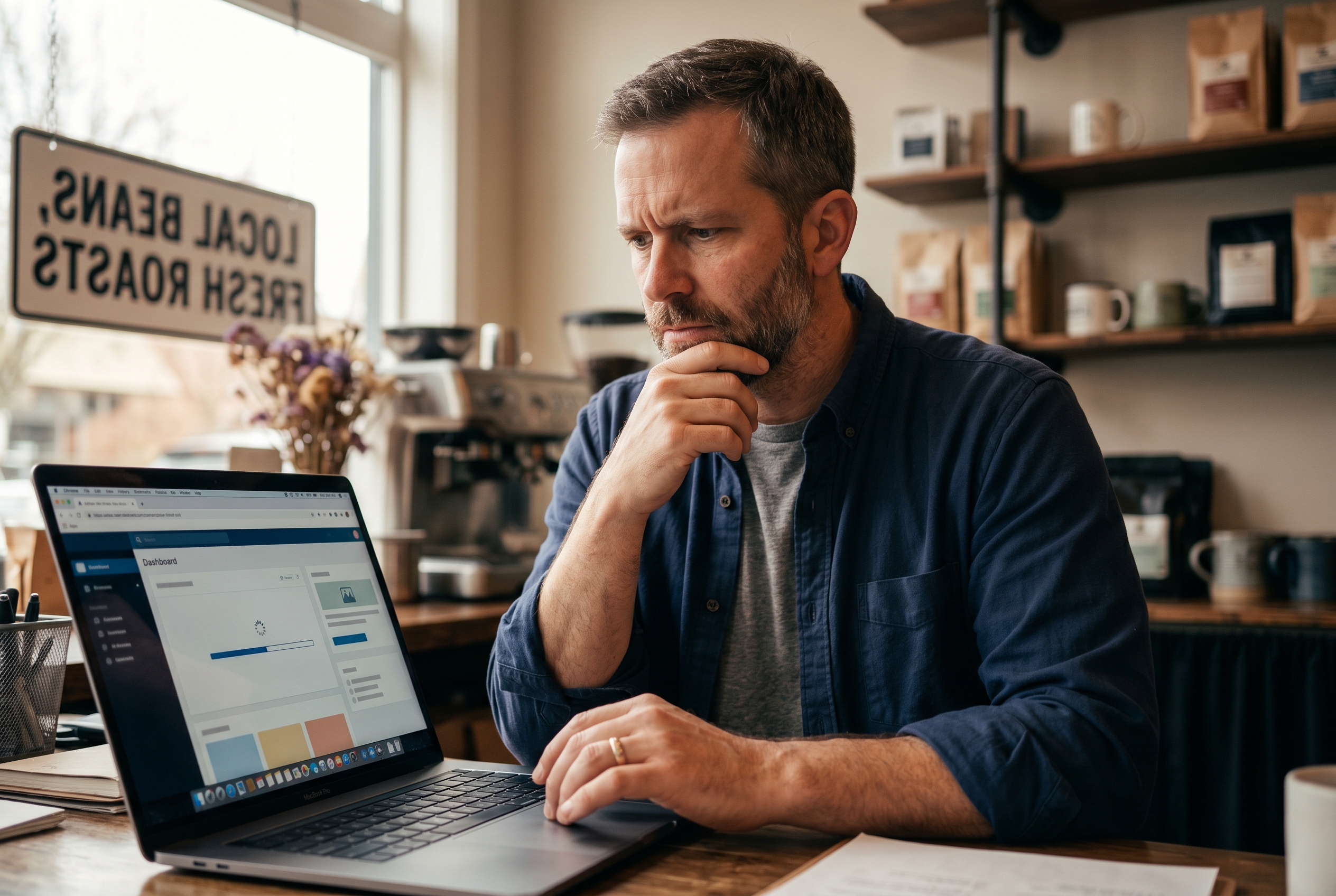 Frustrated store owner staring at a slow-loading website on their computer with a progress bar stuck halfway