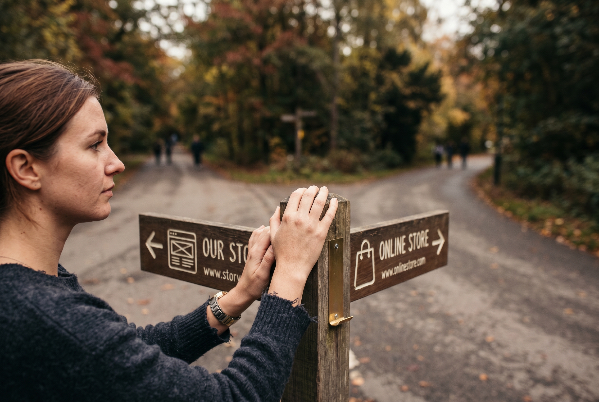 Two paths diverging in a road with signposts pointing to a website on one side and an online store on the other
