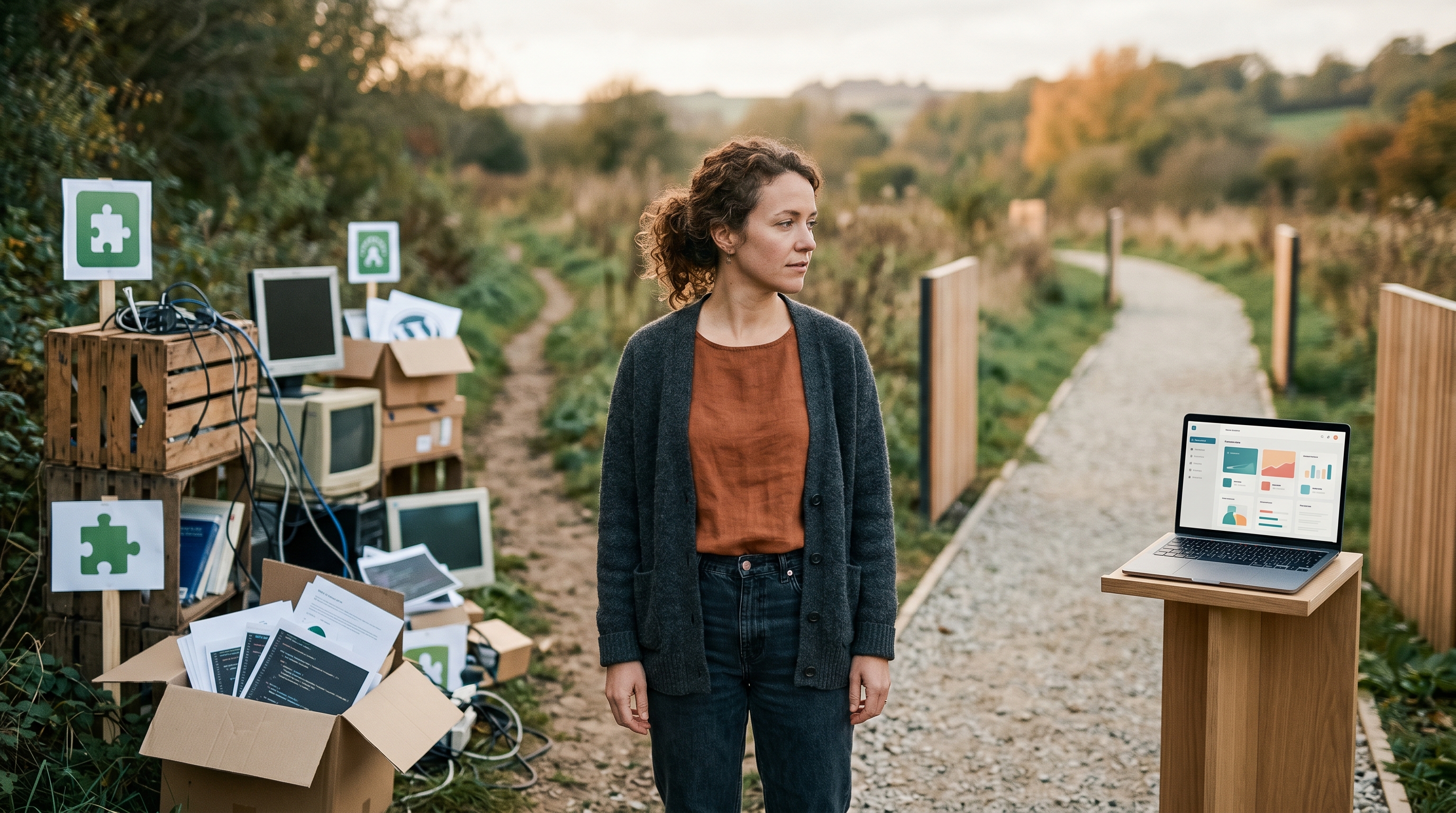 Small business owner standing between two paths, one cluttered with WordPress plugins and one with a clean AI-generated storefront
