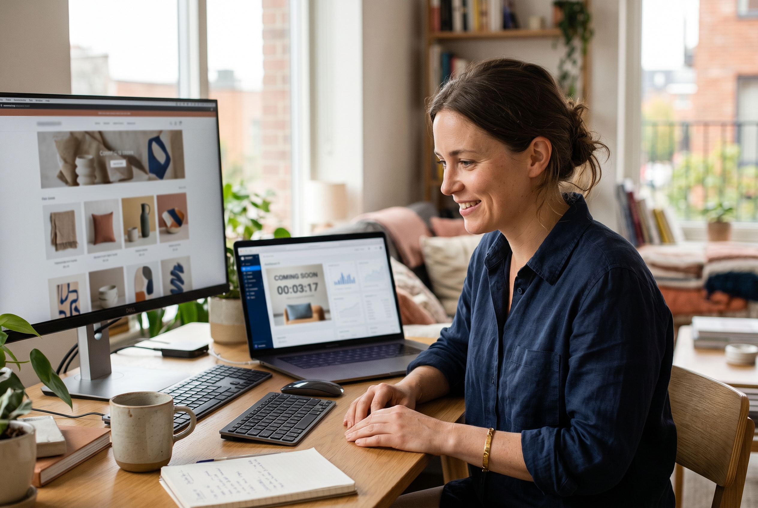 Founder watching a countdown clock as their online store goes live with products already loaded on screen