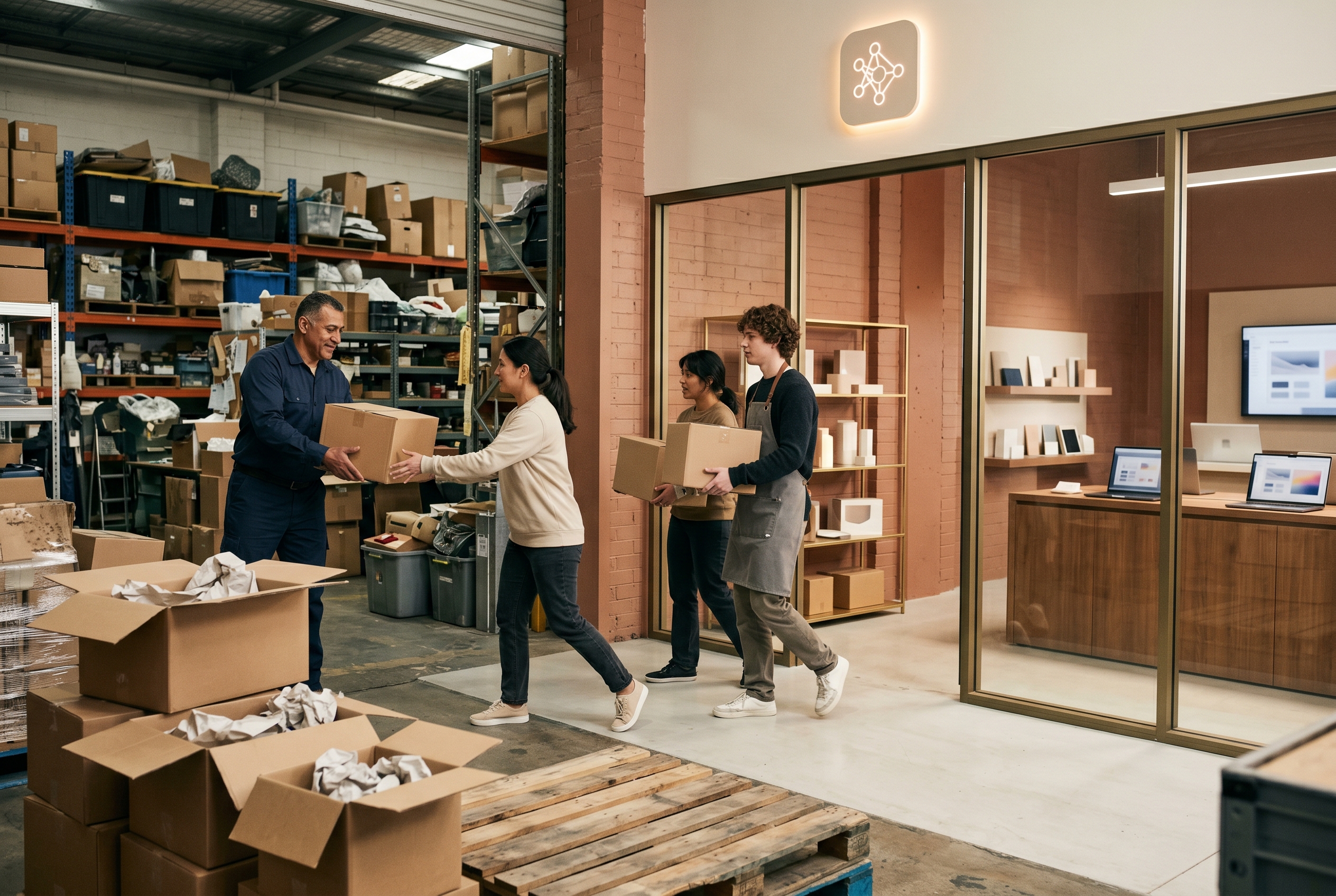 Boxes labeled with products being moved from a cluttered warehouse to a sleek modern storefront with a glowing AI badge