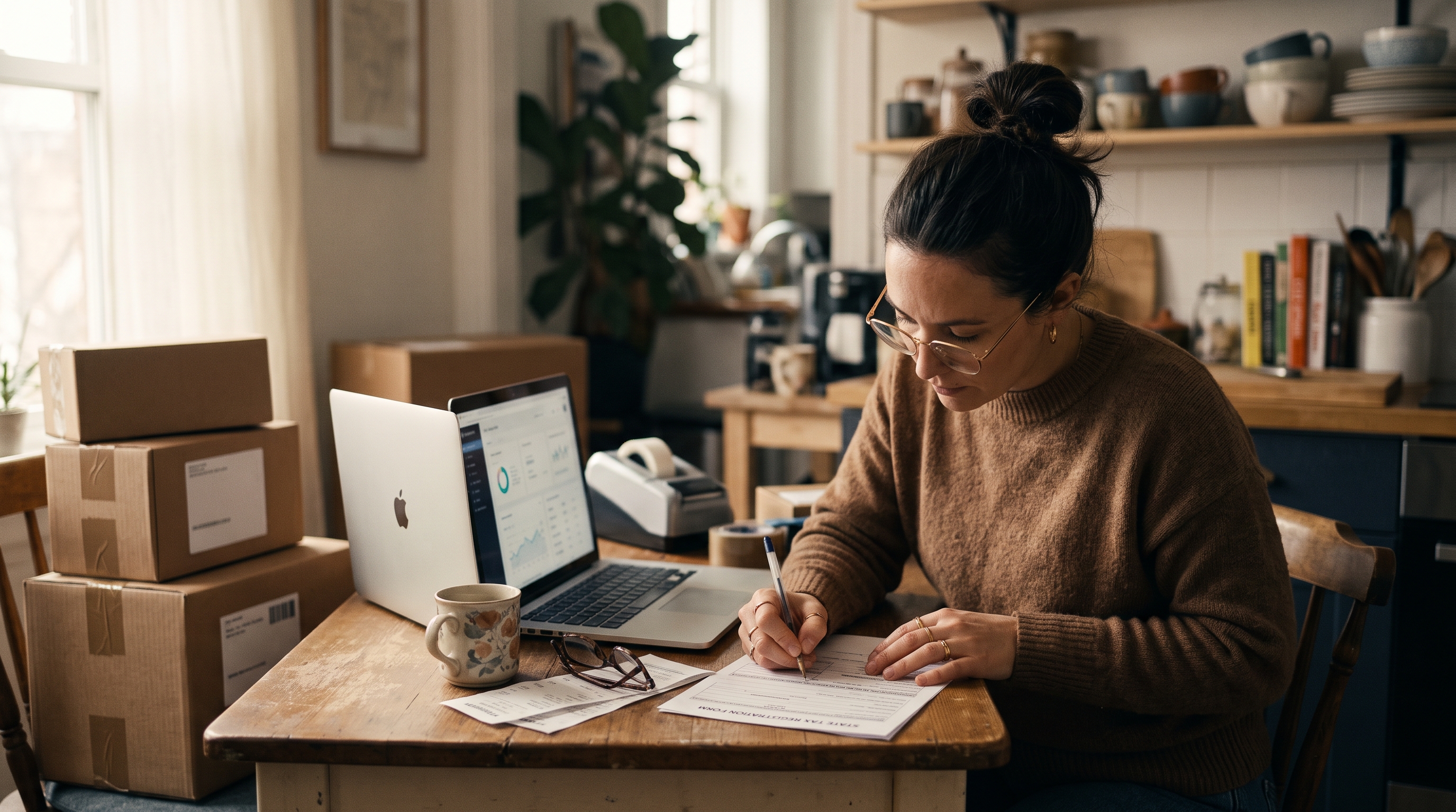 Online store owner at a kitchen table filling out a state tax registration form beside a laptop and packed shipping boxes