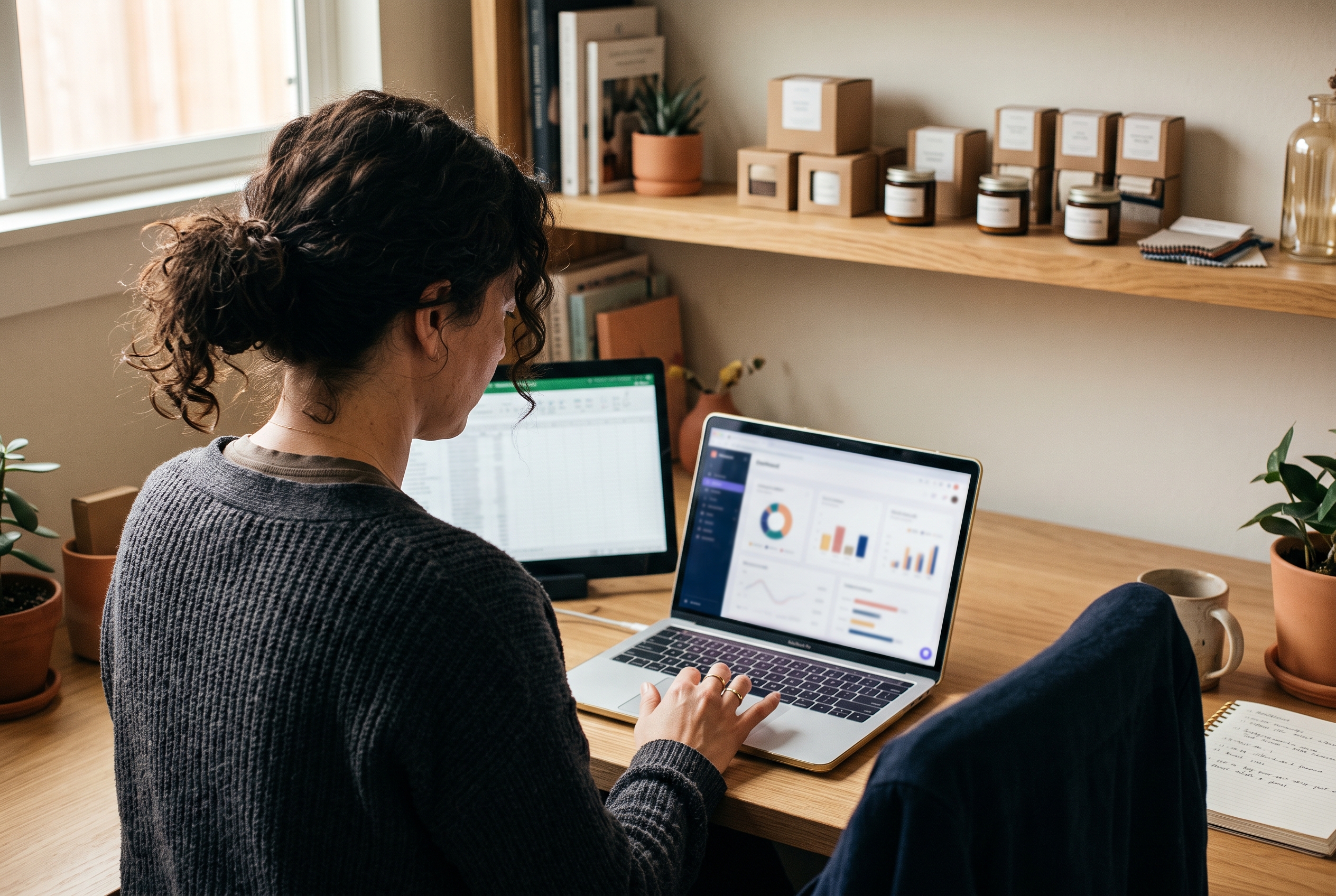 Small business owner checking monthly sales numbers on a laptop in a home office with product samples on a shelf