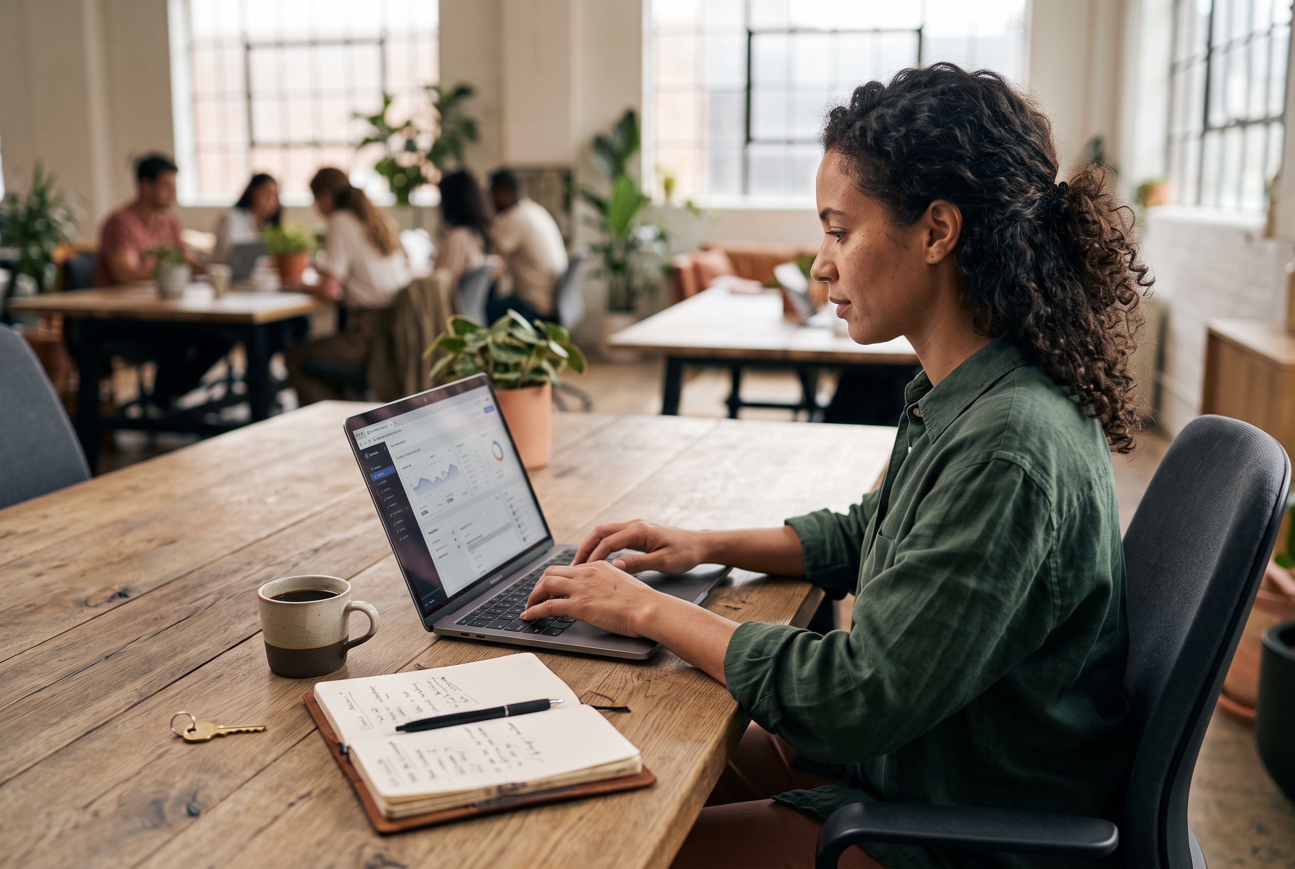 Entrepreneur typing into a state department of revenue website on a laptop with a notebook and coffee nearby