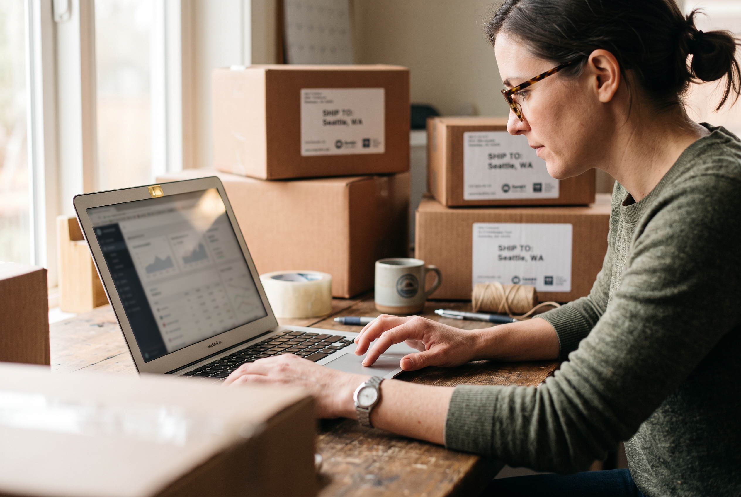 Merchant reviewing order records on a laptop at a workbench with labeled parcels ready for shipping