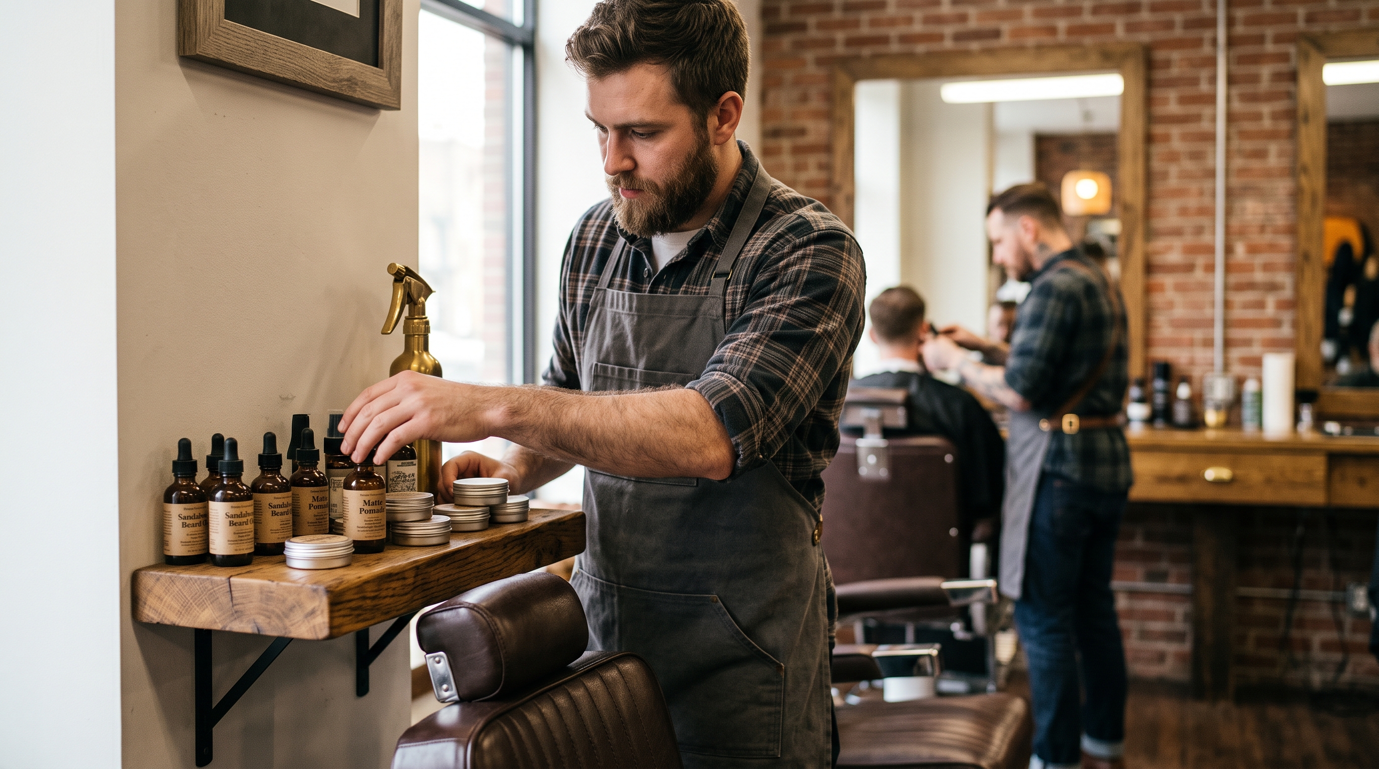 Barber arranging bottles of beard oil and tins of pomade on a wooden shelf beside his barber chair