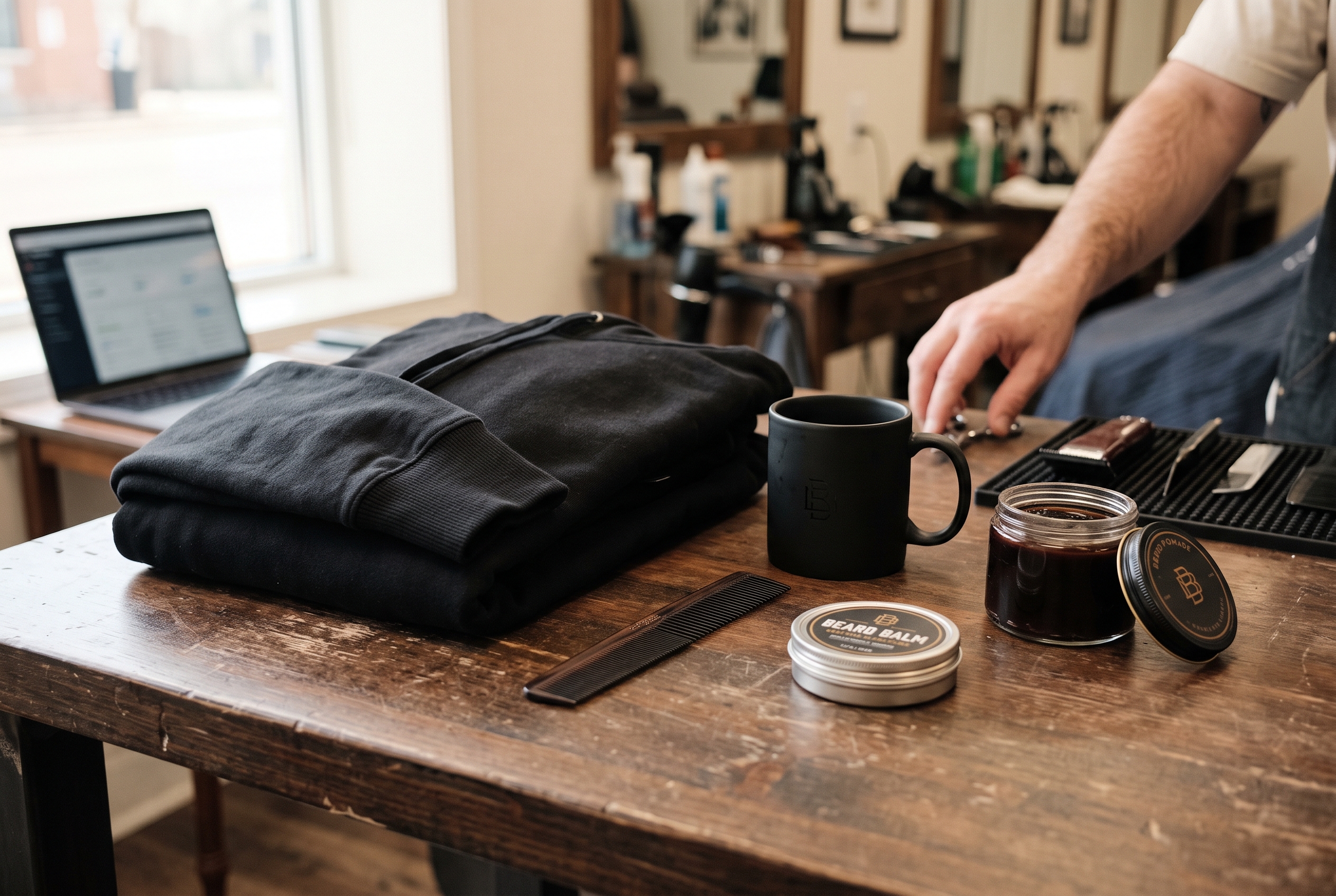 Flat lay of barbershop merchandise including black hoodie, ceramic mug, comb, beard balm tin and pomade jar on a table