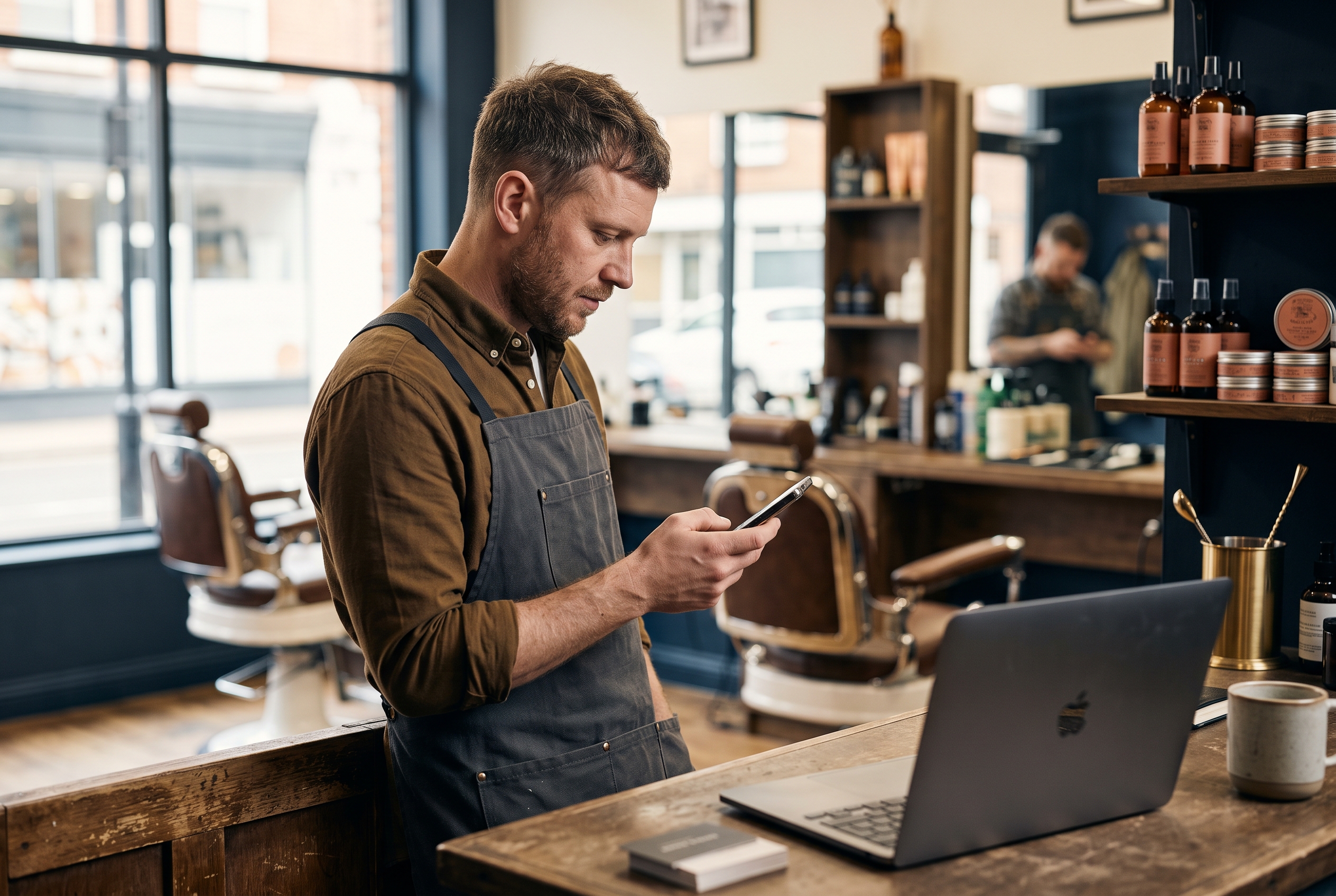 Barber checking an online order on his phone at the front counter of his shop between appointments