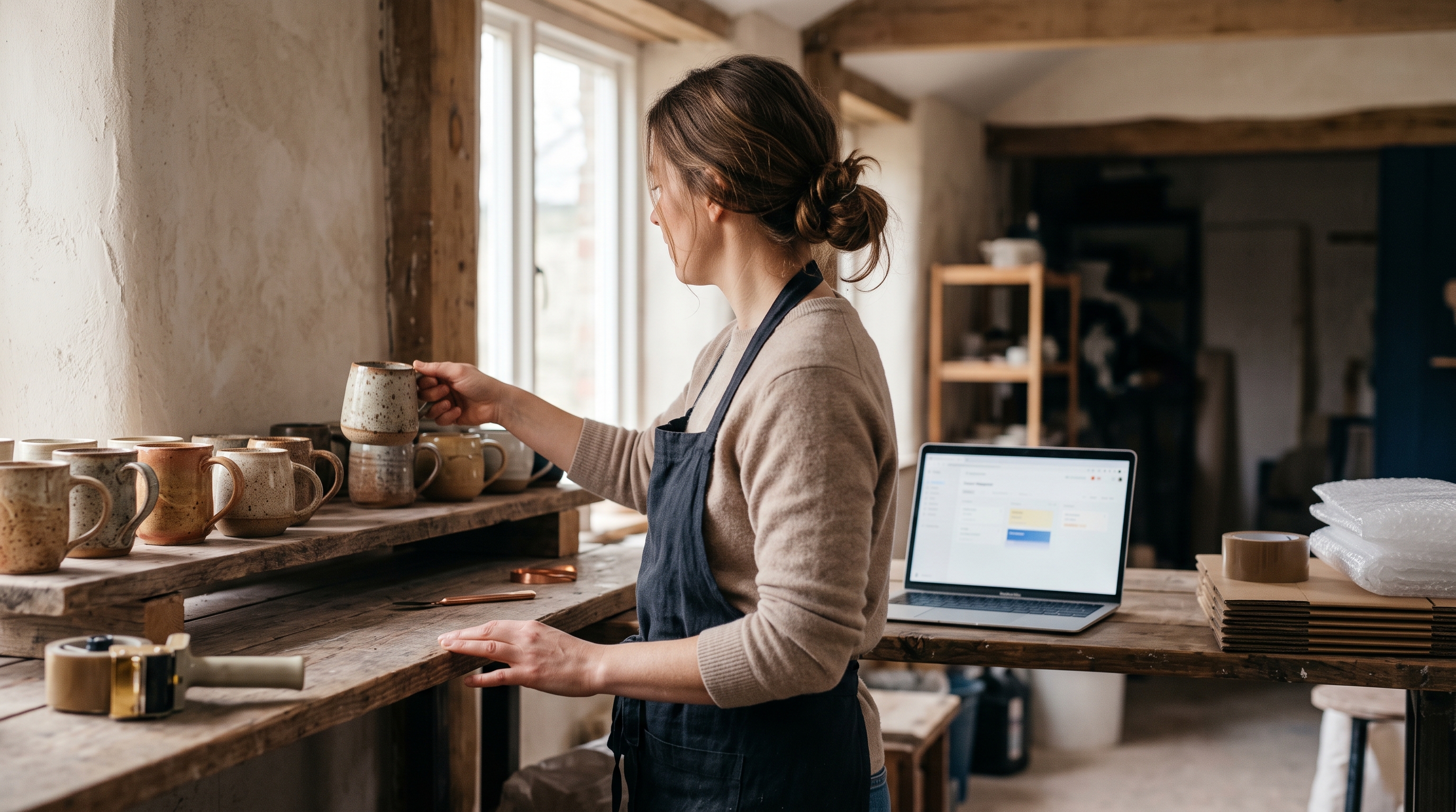 Ceramic artist arranging hand-thrown mugs on a wooden studio shelf next to a laptop and packing supplies
