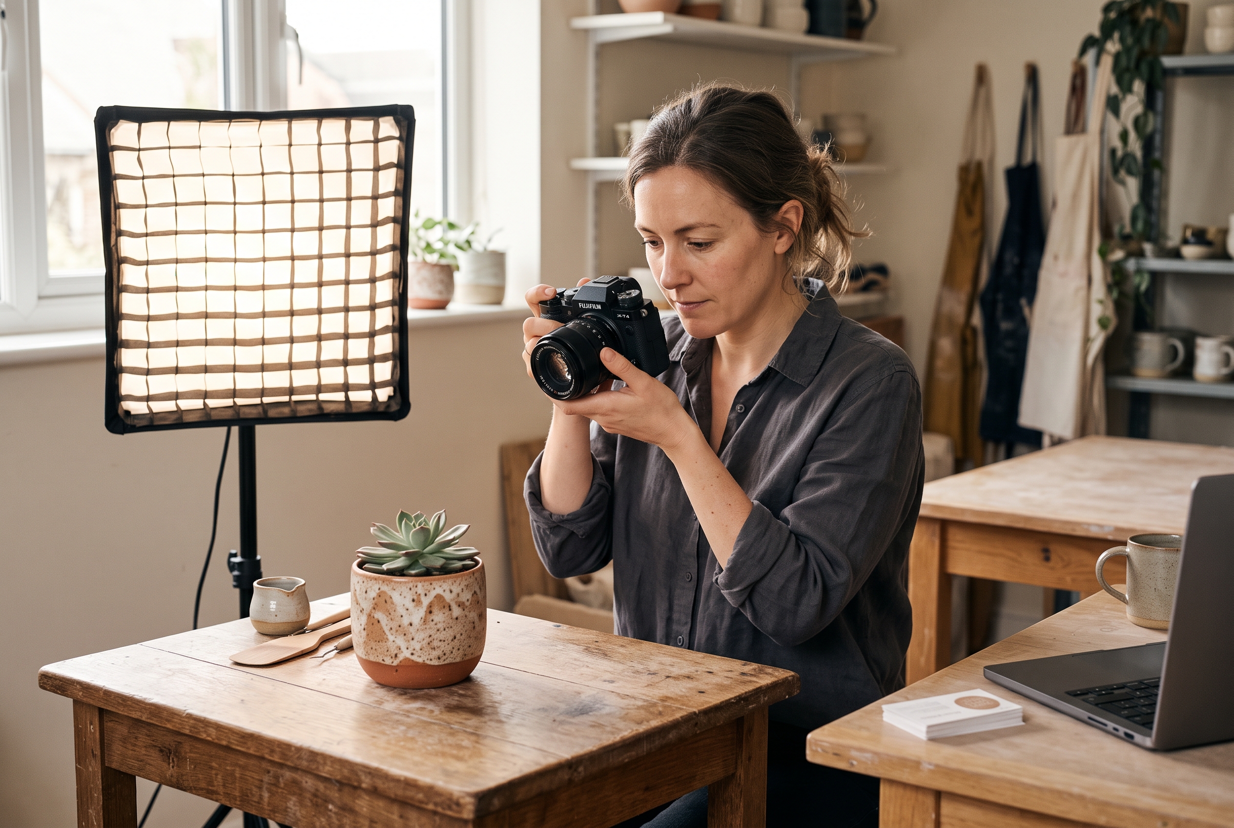 Small business owner photographing a handmade ceramic planter on a wooden table with a softbox light beside her