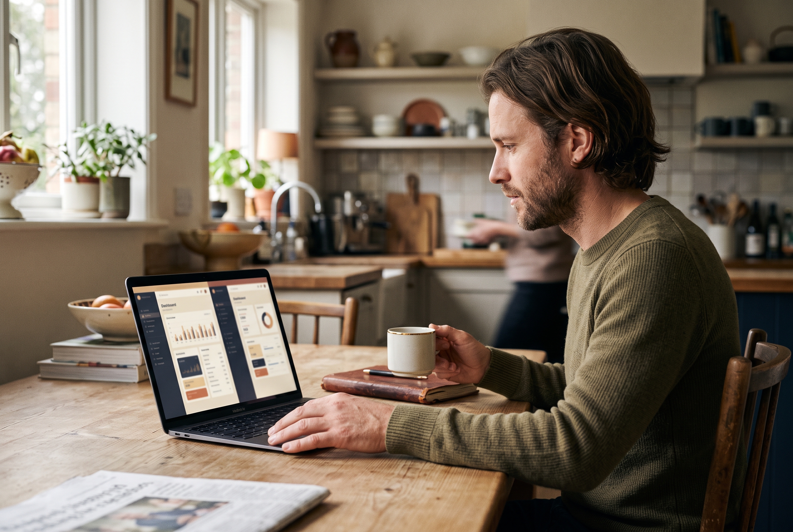 Maker comparing two online store dashboards on a laptop at a kitchen table with a coffee mug and notebook