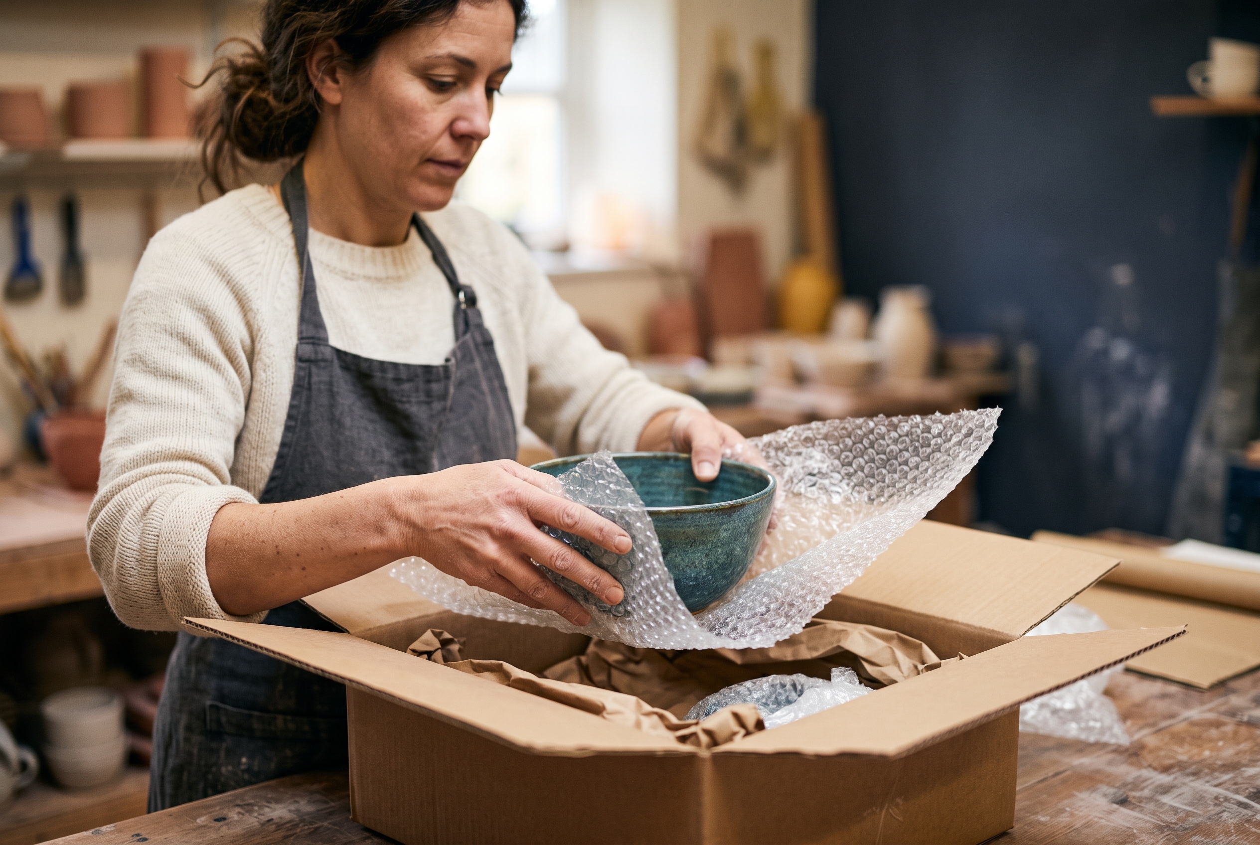 Potter wrapping a glazed bowl in bubble wrap and packing it into a sturdy box on a workshop bench